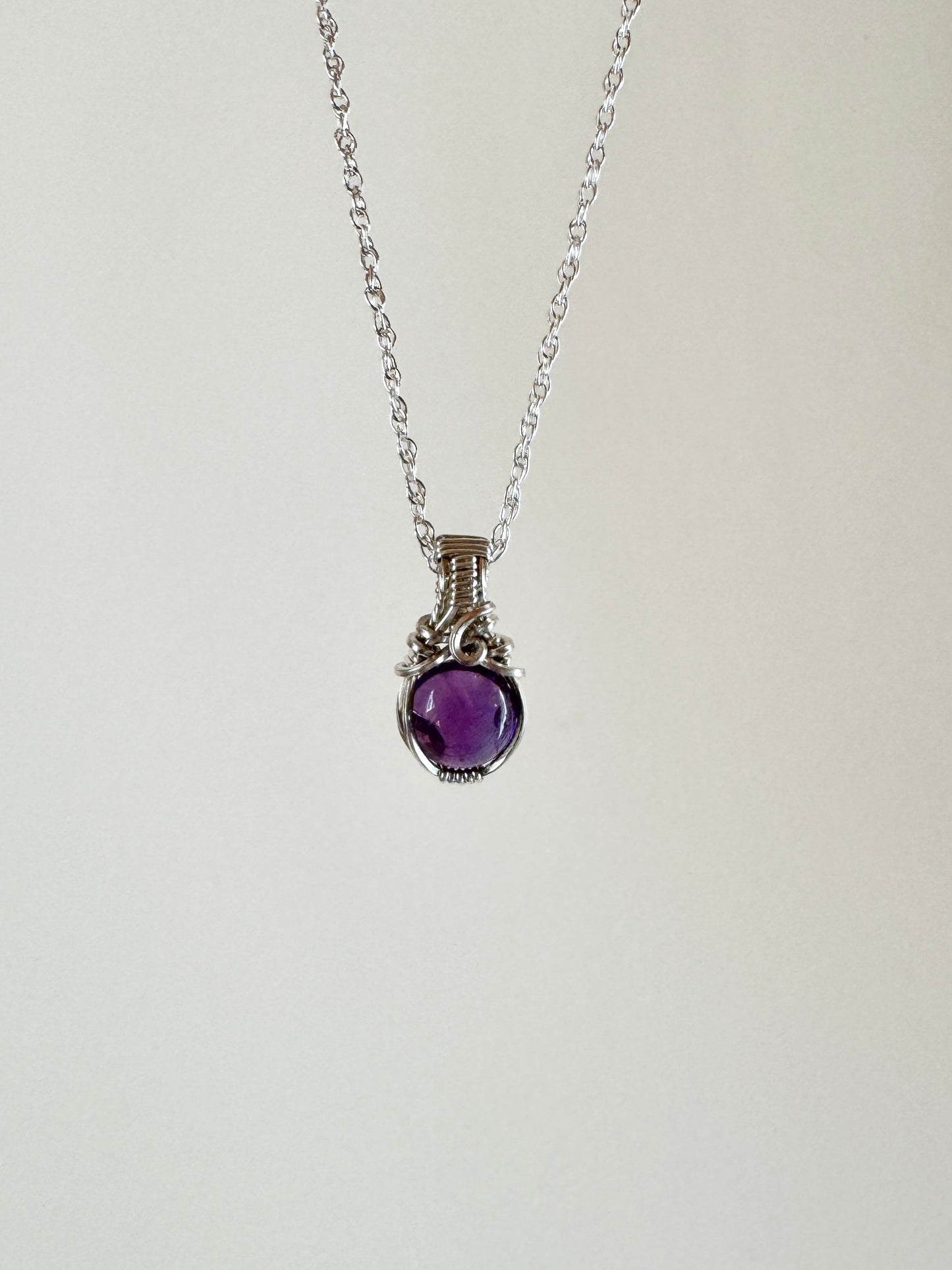 Round Mini Amethyst Wire Wrapped Necklace in .925 Sterling Silver