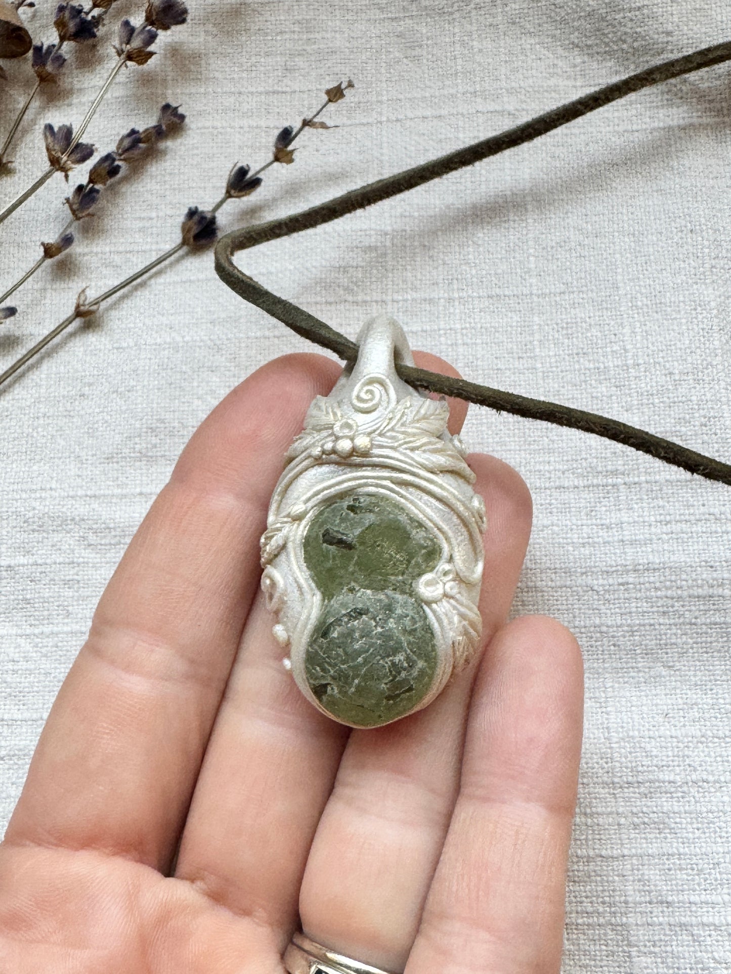 Raw Prehnite and Epidote Woodland Necklace - Clay and Crystal Handmade Pendant on Green Suede Cord