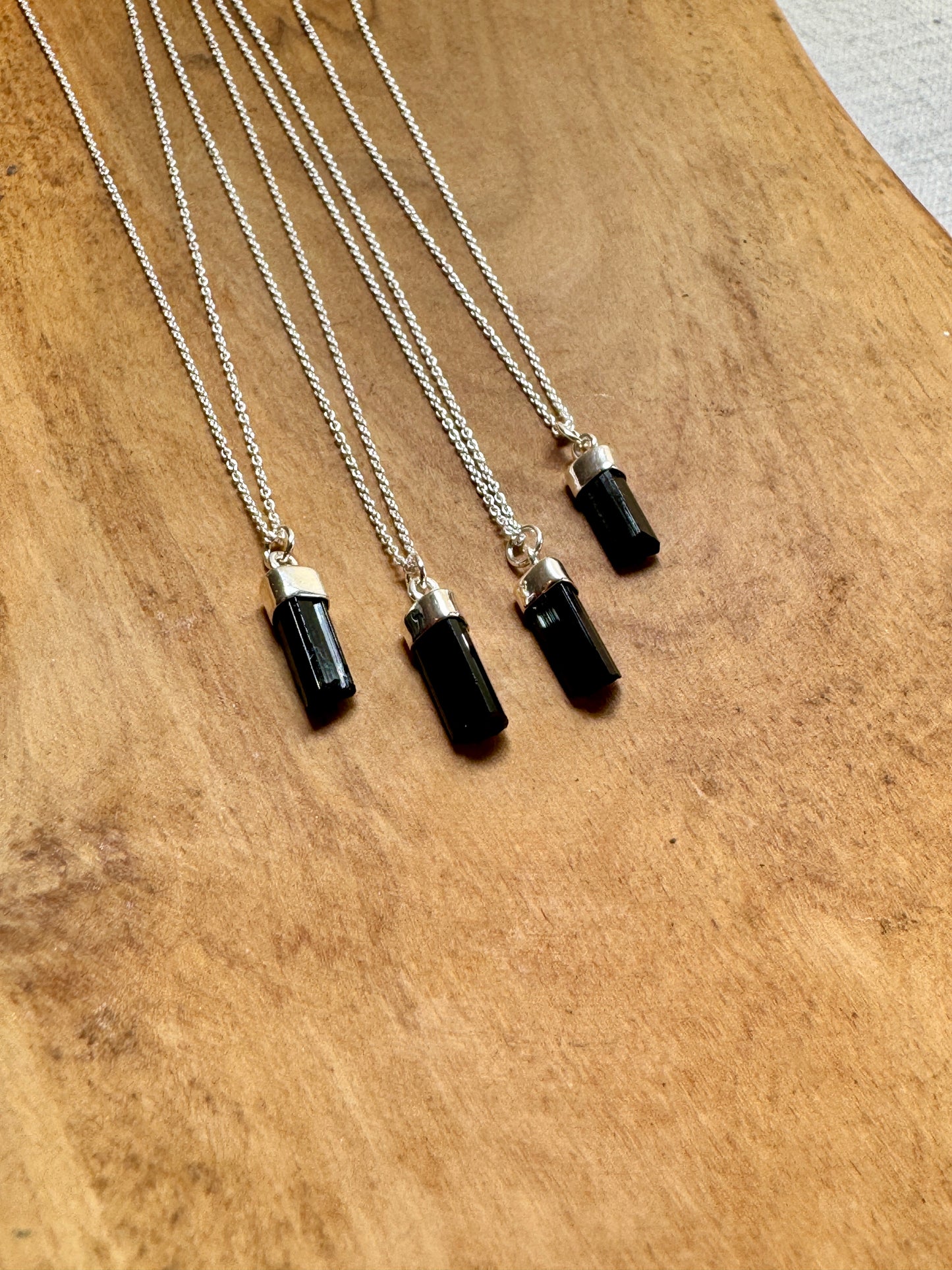 Black Tourmaline Crystal Silver Cap Necklace - Protection Clearing Negativities Grounding Earth Star Chakra Healing