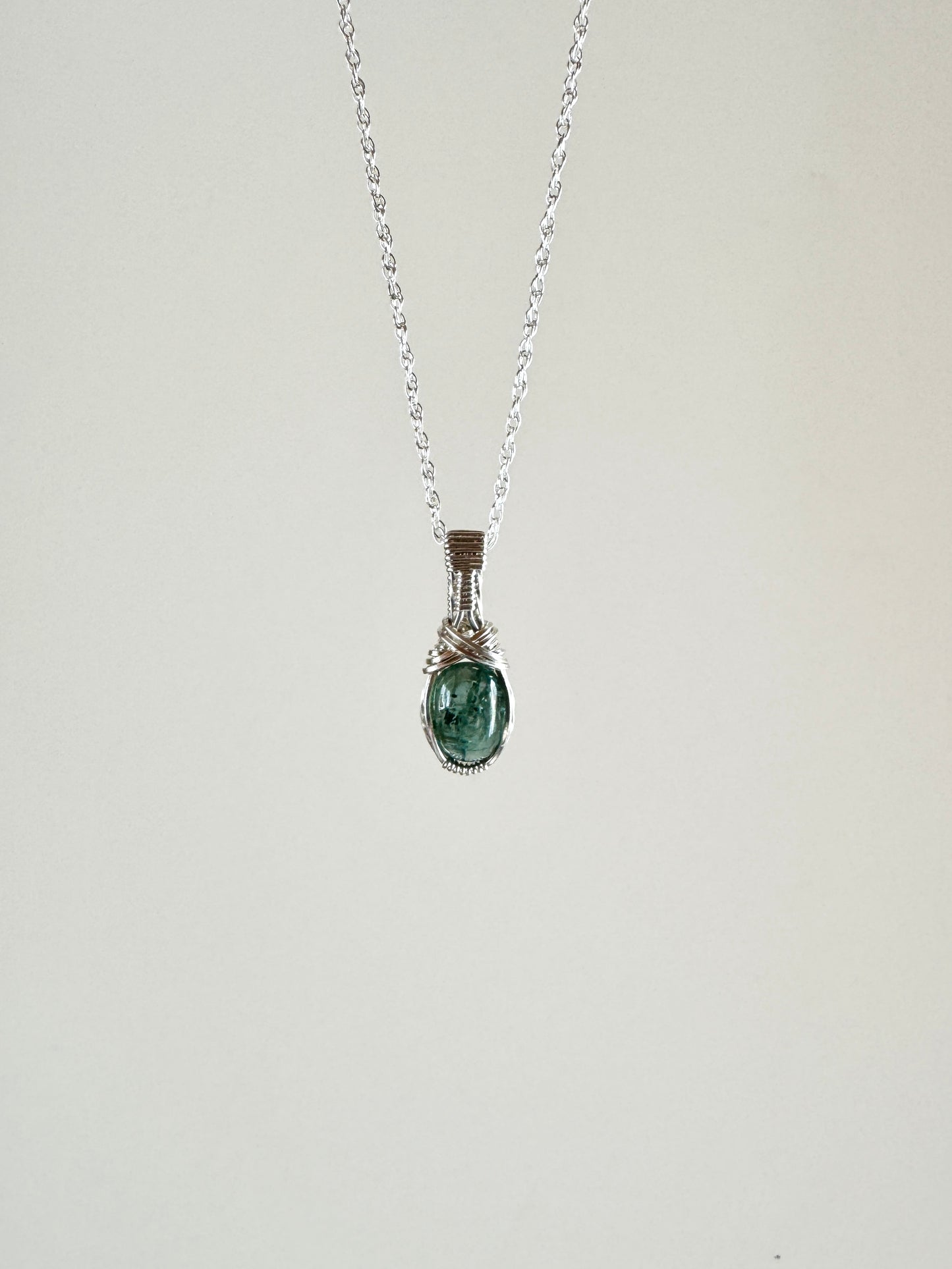 Green Kyanite Wire Wrapped Necklace in .925 Sterling Silver