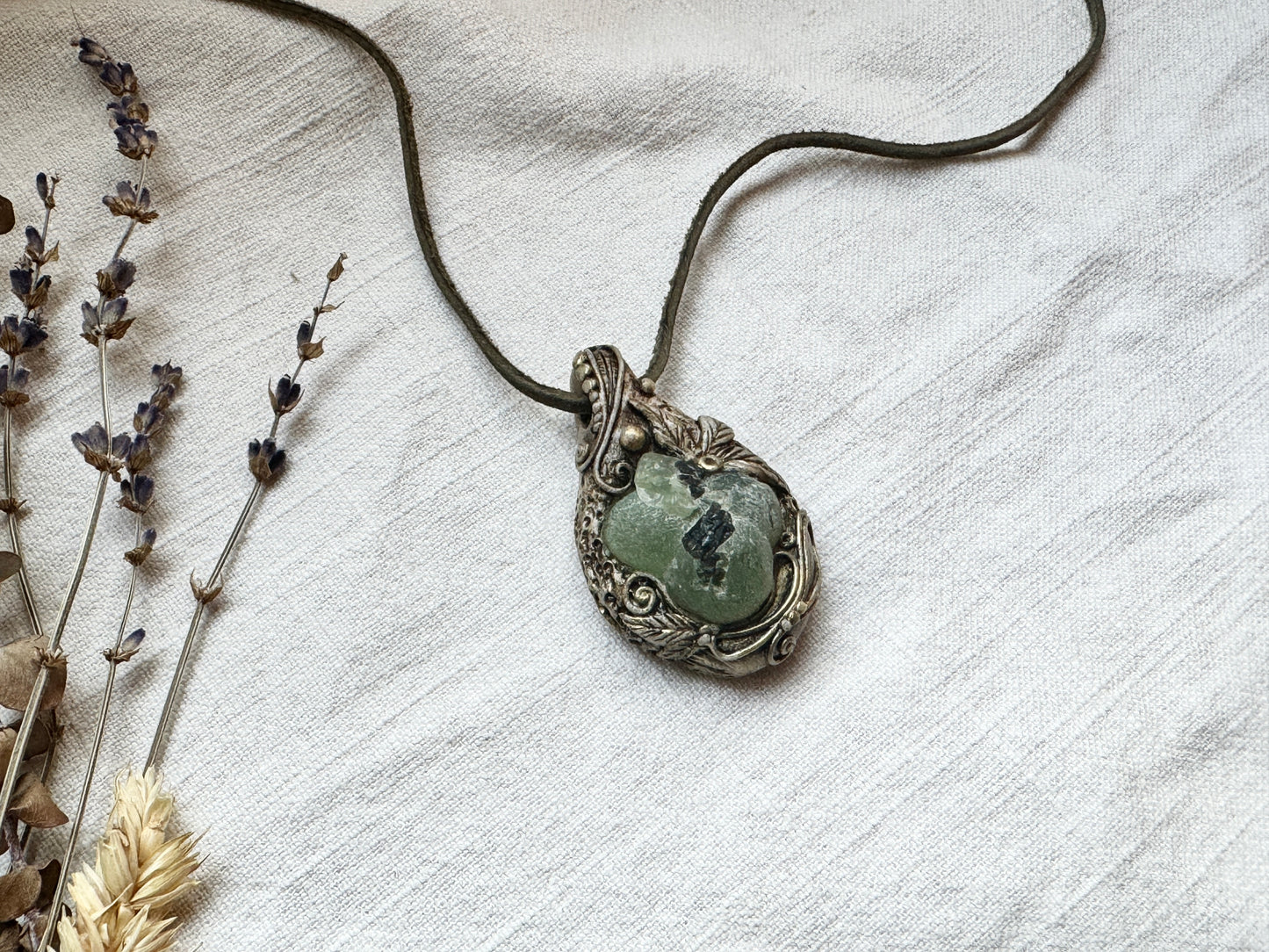 Raw Prehnite and Epidote Woodland Necklace - Clay and Crystal Handmade Pendant on Green Suede Cord