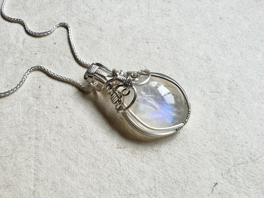 Full Moon Wire Wrapped Blue Moonstone Pendant - Original Design in .925 Sterling Silver Wire