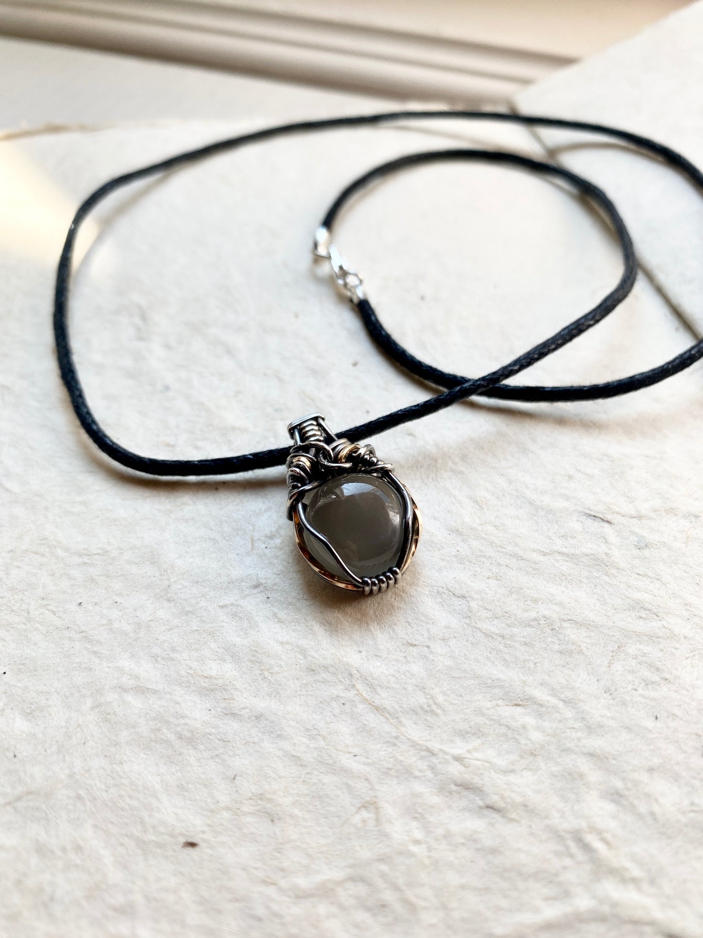 New Moon Wire Wrapped Gray Mini Moonstone Necklace - Original Design in Antiqued Silver and Rose Gold