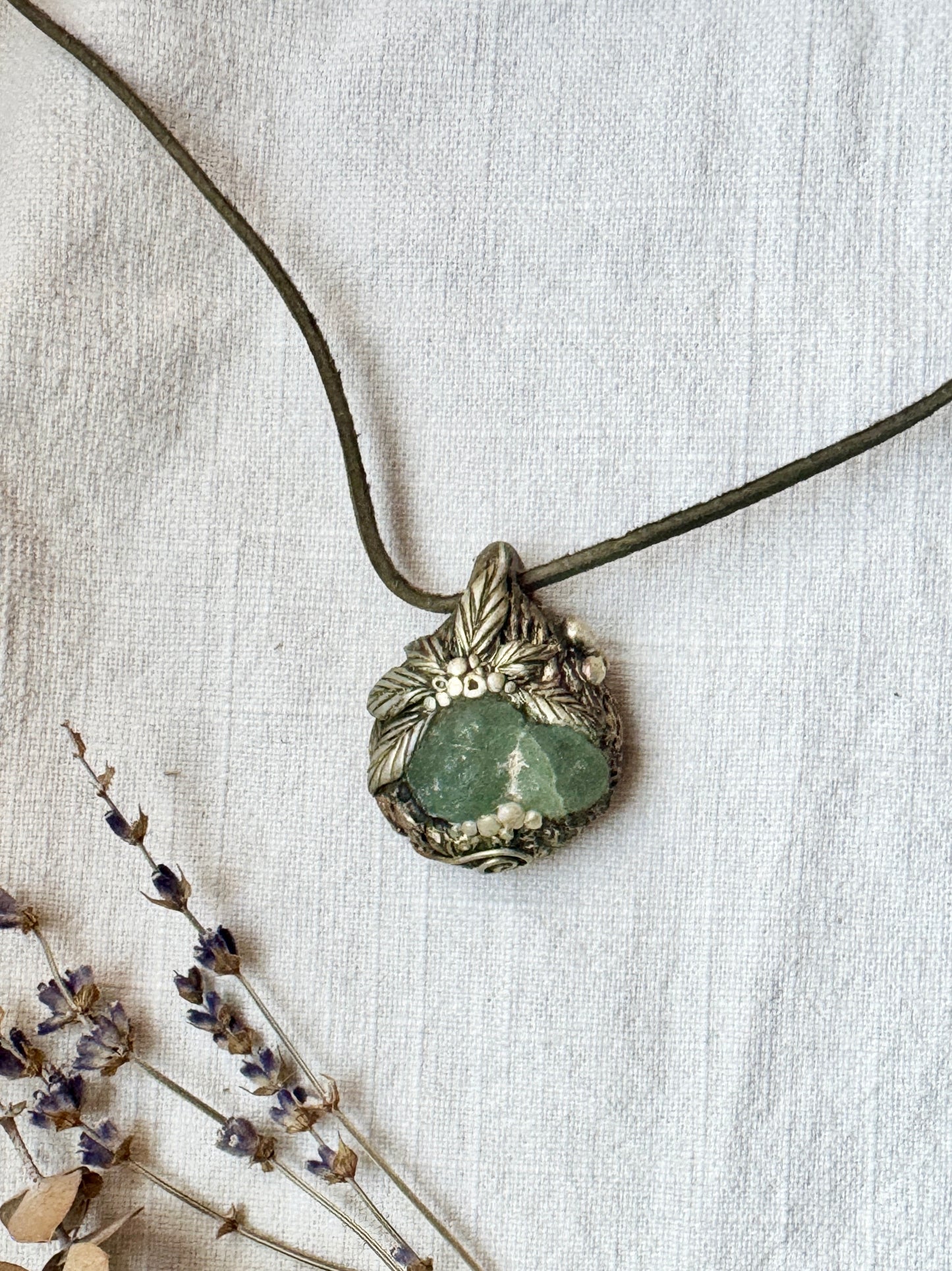 Raw Prehnite Woodland Necklace - Clay and Crystal Handmade Pendant on Green Suede Cord