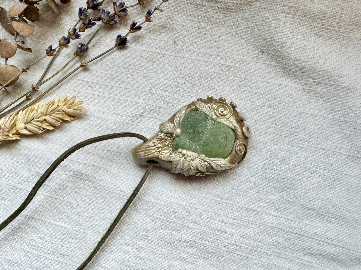 Raw Prehnite Woodland Necklace - Clay and Crystal Handmade Pendant on Green Suede Cord