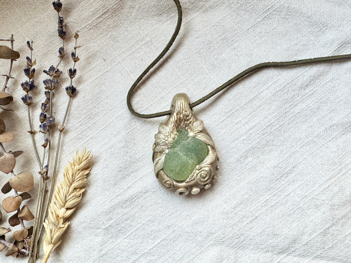 Raw Prehnite Woodland Necklace - Clay and Crystal Handmade Pendant on Green Suede Cord