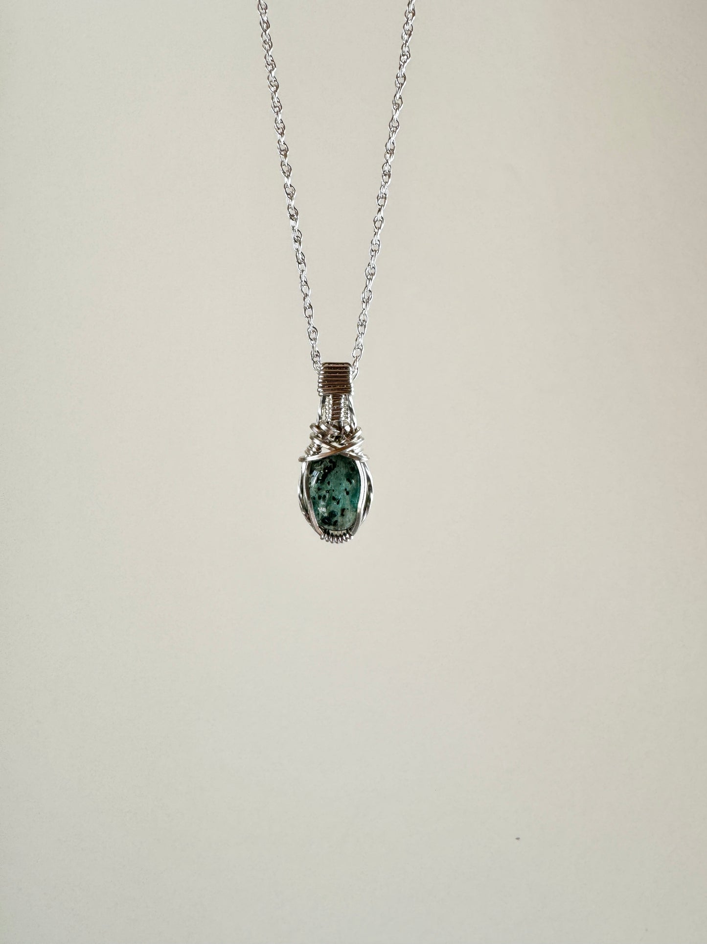 Small Green Kyanite Wire Wrapped Necklace in .925 Sterling Silver