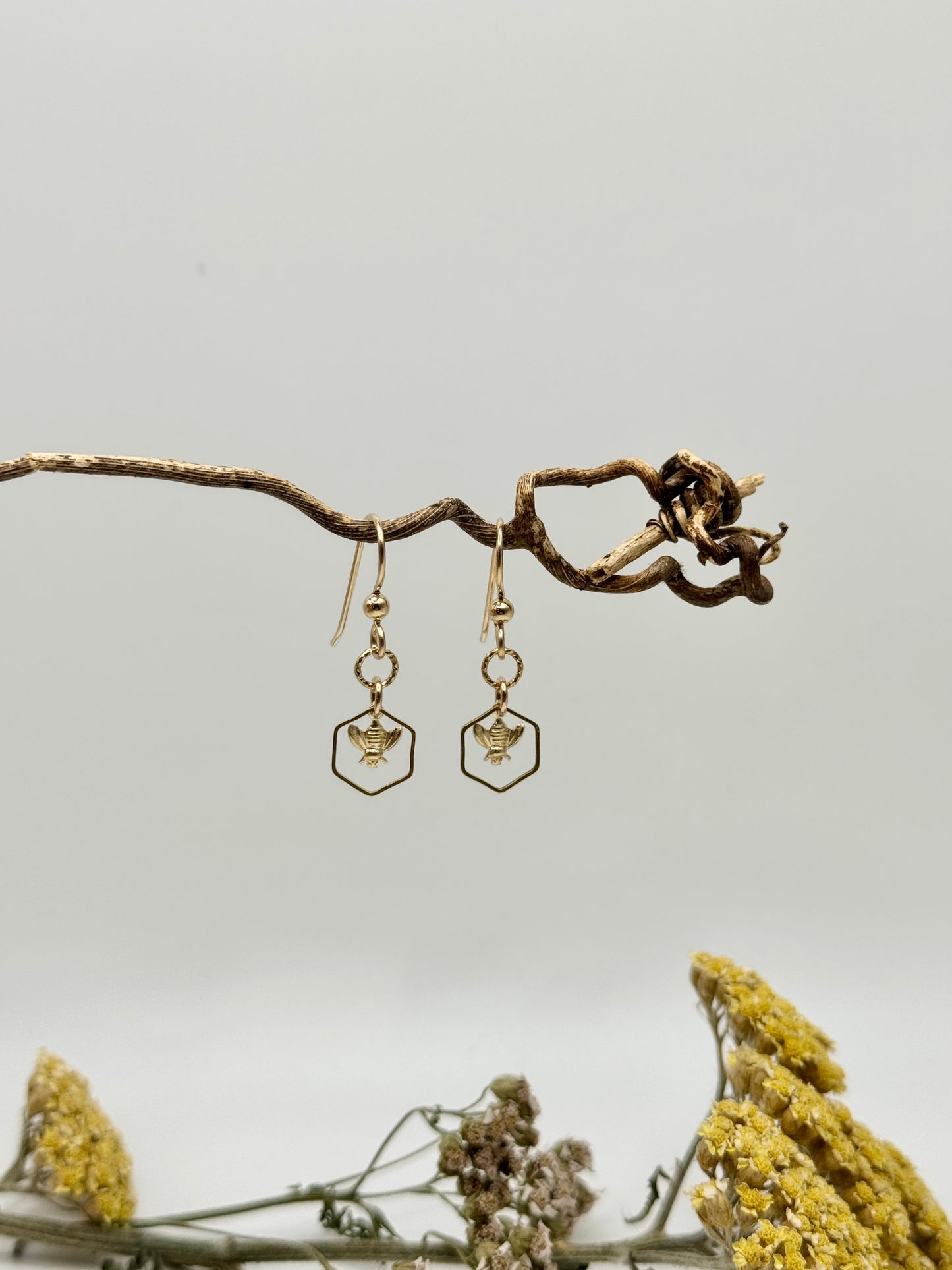 Honey Keeper ~ Bee in Honeycomb Earrings in 14K Gold Fill