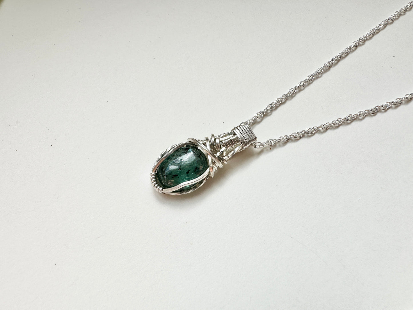 Small Green Kyanite Wire Wrapped Necklace in .925 Sterling Silver
