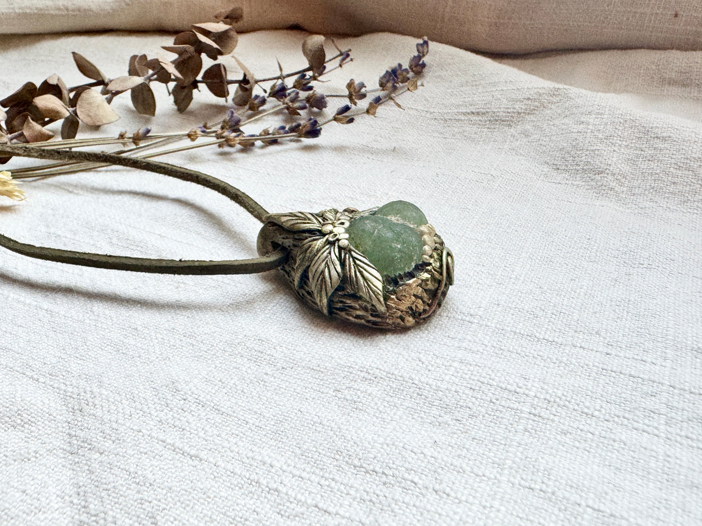 Raw Prehnite Woodland Necklace - Clay and Crystal Handmade Pendant on Green Suede Cord