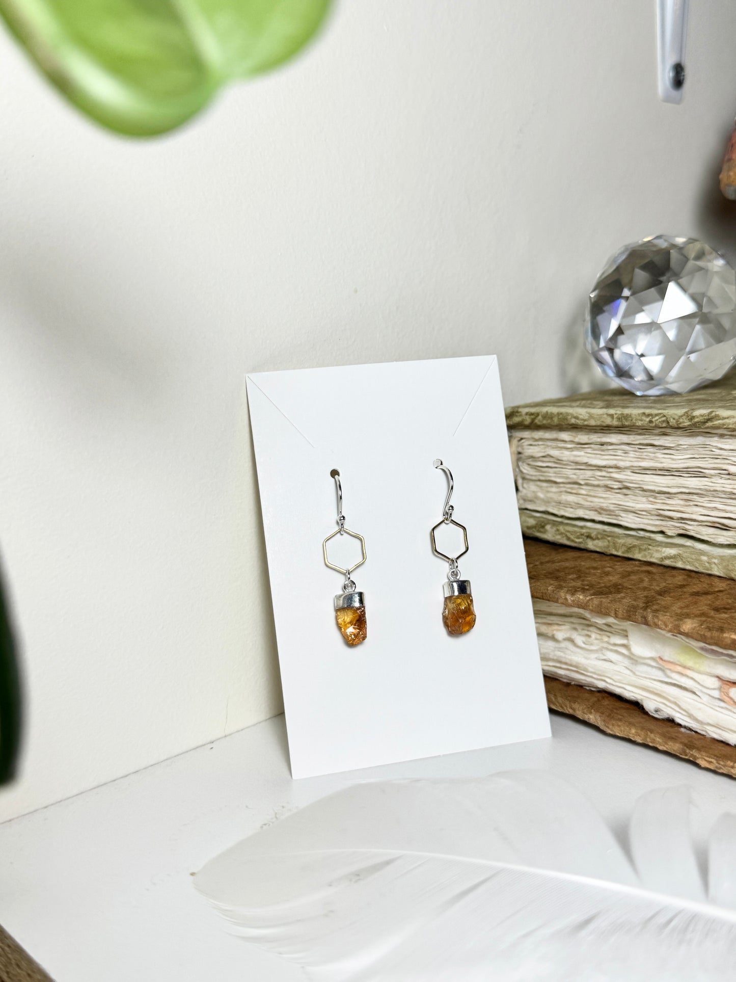 Citrine Honeycomb Earrings in Sterling Silver and Brass