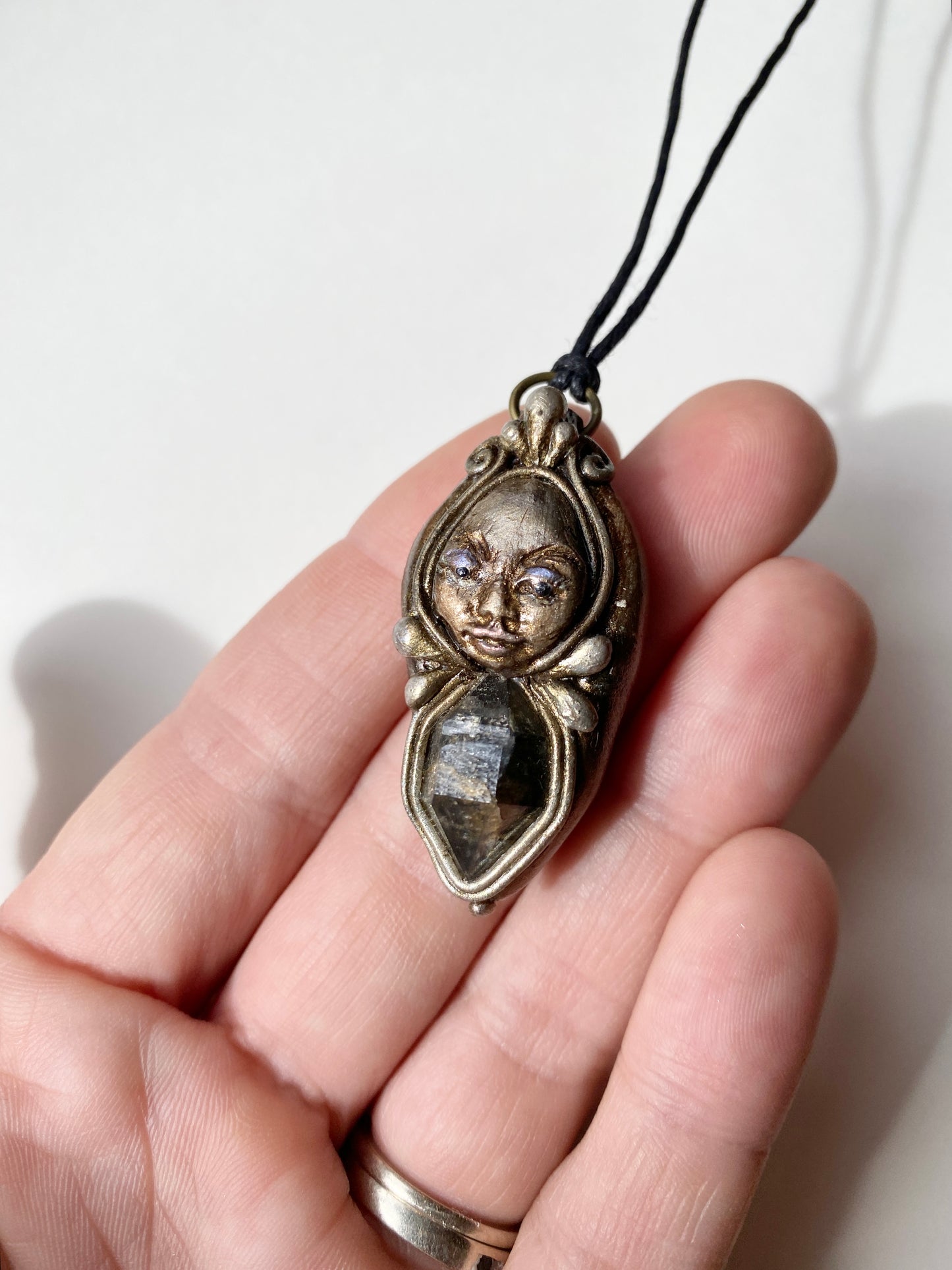 MAGE OF MAGIC STORM - Deity Clay Pendant with Tibetan Quartz Crystal  - Goddess Woodland Series