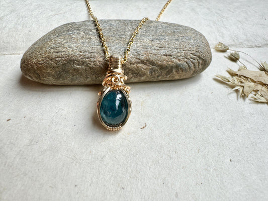 Blue Kyanite Mini Wire Wrapped Necklace in 14K Yellow Gold Fill