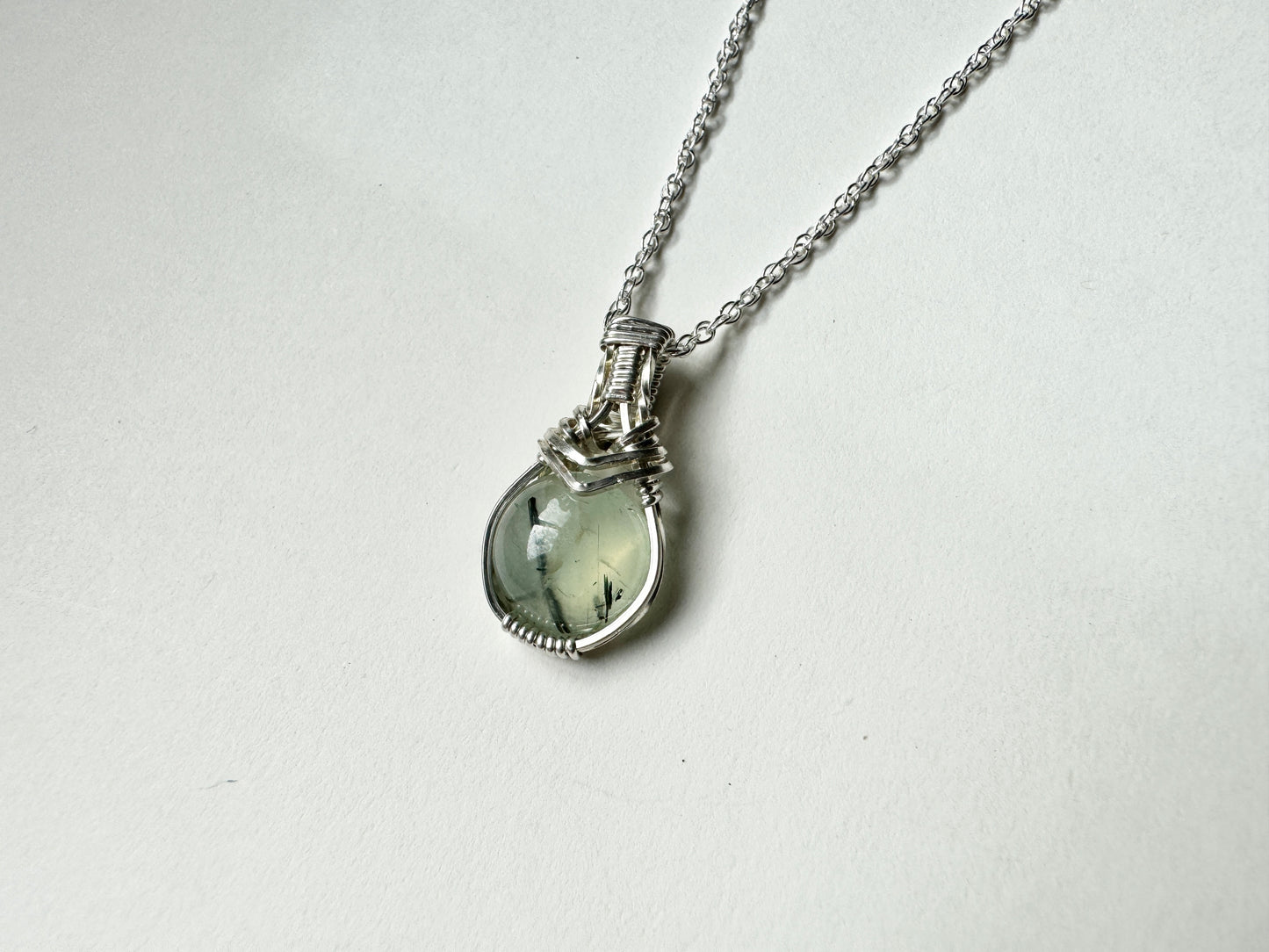 Prehnite and Tourmaline Sterling Silver Wire Wrapped Necklace