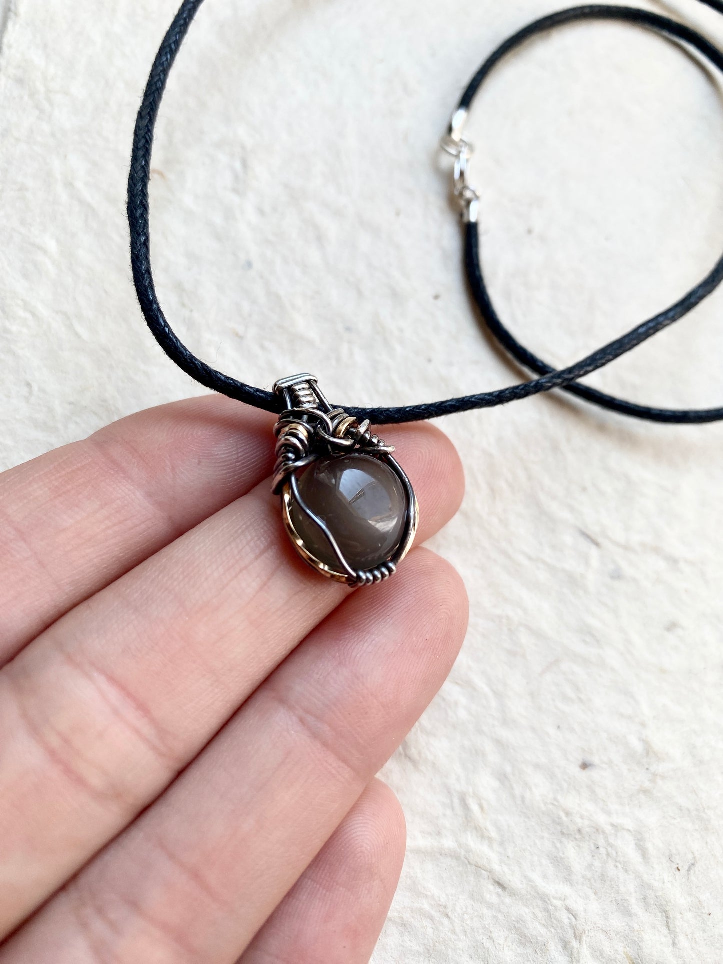 New Moon Wire Wrapped Gray Mini Moonstone Necklace - Original Design in Antiqued Silver and Rose Gold
