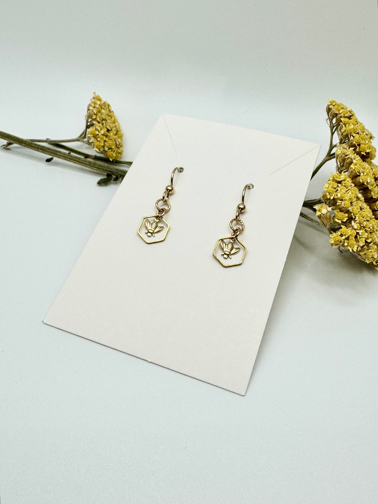 Honey Keeper ~ Bee in Honeycomb Earrings in 14K Gold Fill