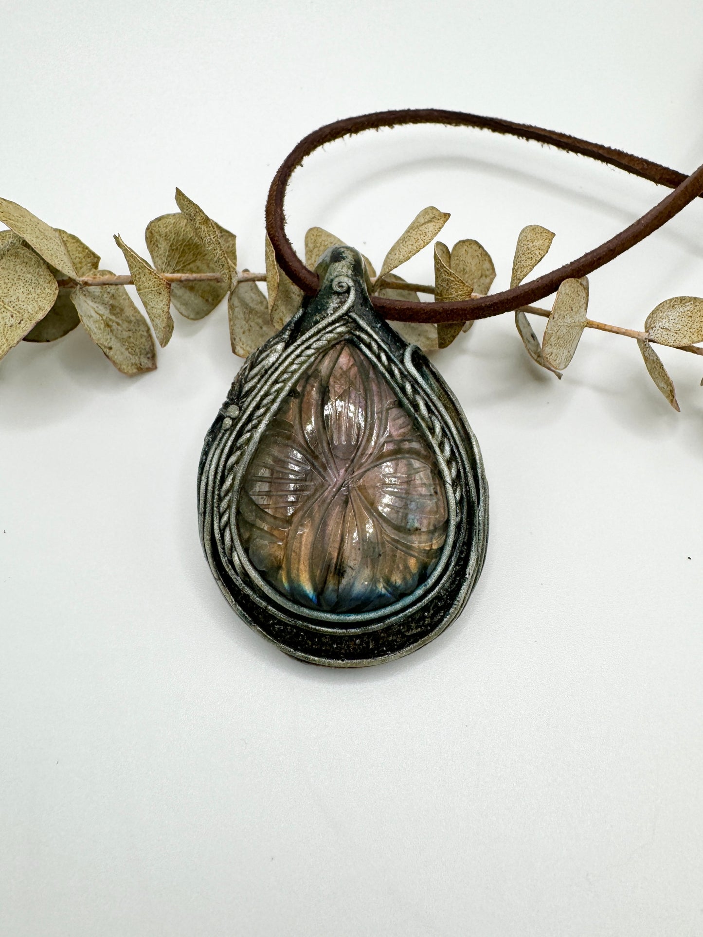 Carved Labradorite Infinity Flower Clay Woodland Pendant
