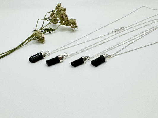 Black Tourmaline Crystal Silver Cap Necklace - Protection Clearing Negativities Grounding Earth Star Chakra Healing
