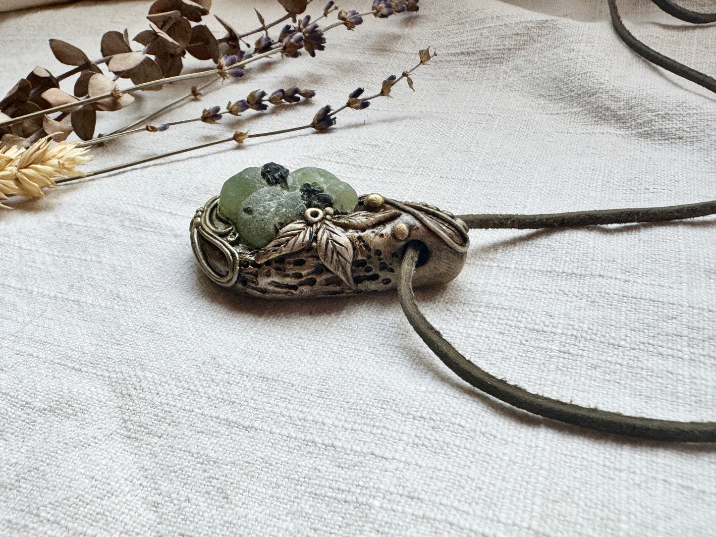 Raw Prehnite and Epidote Woodland Necklace - Clay and Crystal Handmade Pendant on Green Suede Cord