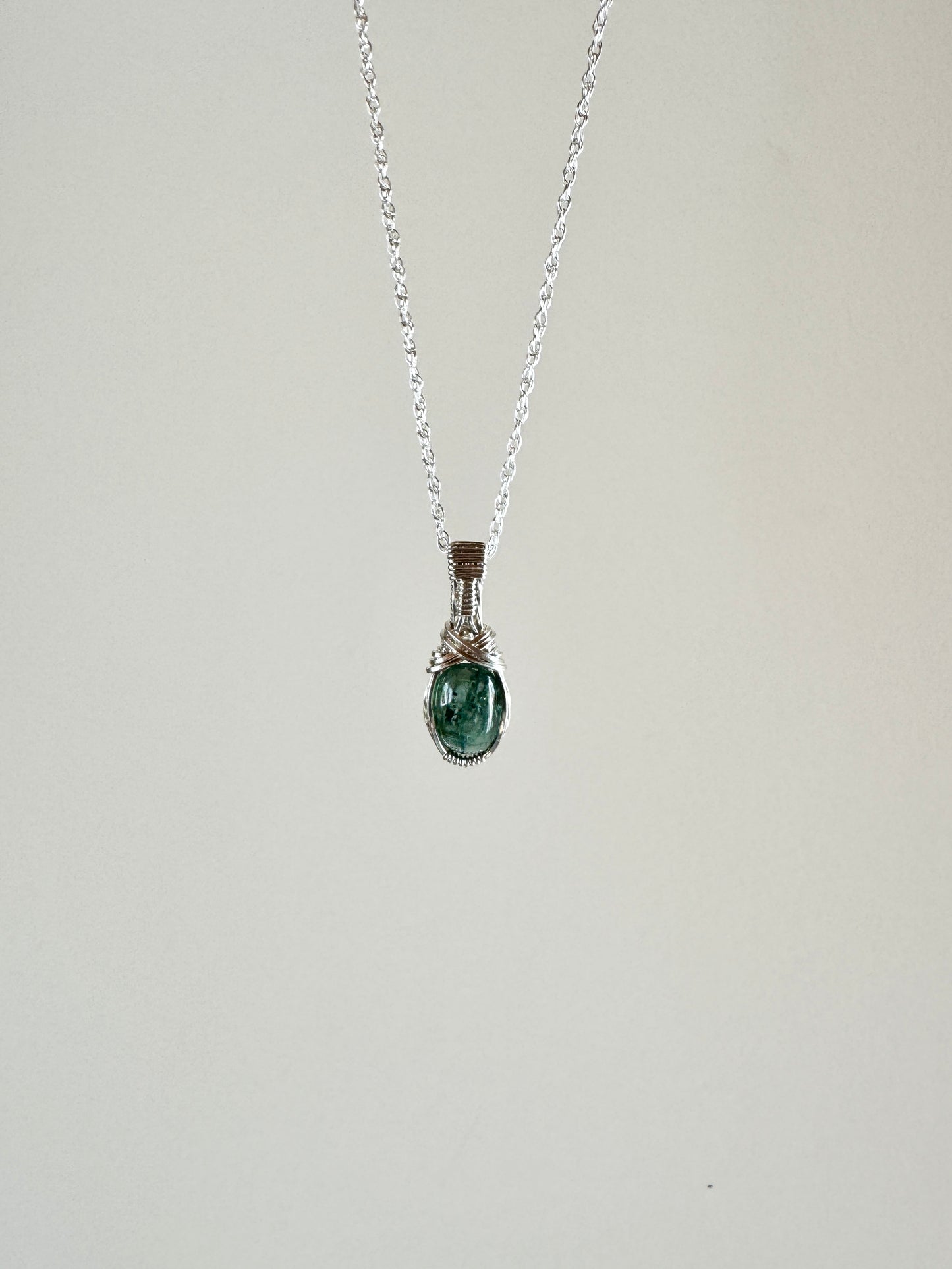 Green Kyanite Wire Wrapped Necklace in .925 Sterling Silver