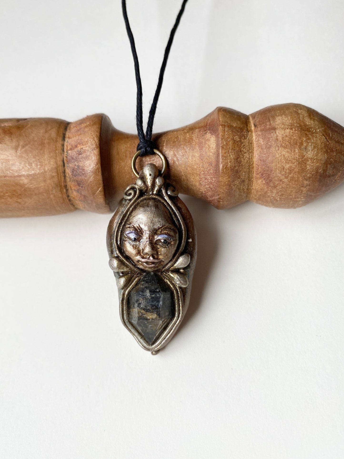 MAGE OF MAGIC STORM - Deity Clay Pendant with Tibetan Quartz Crystal  - Goddess Woodland Series