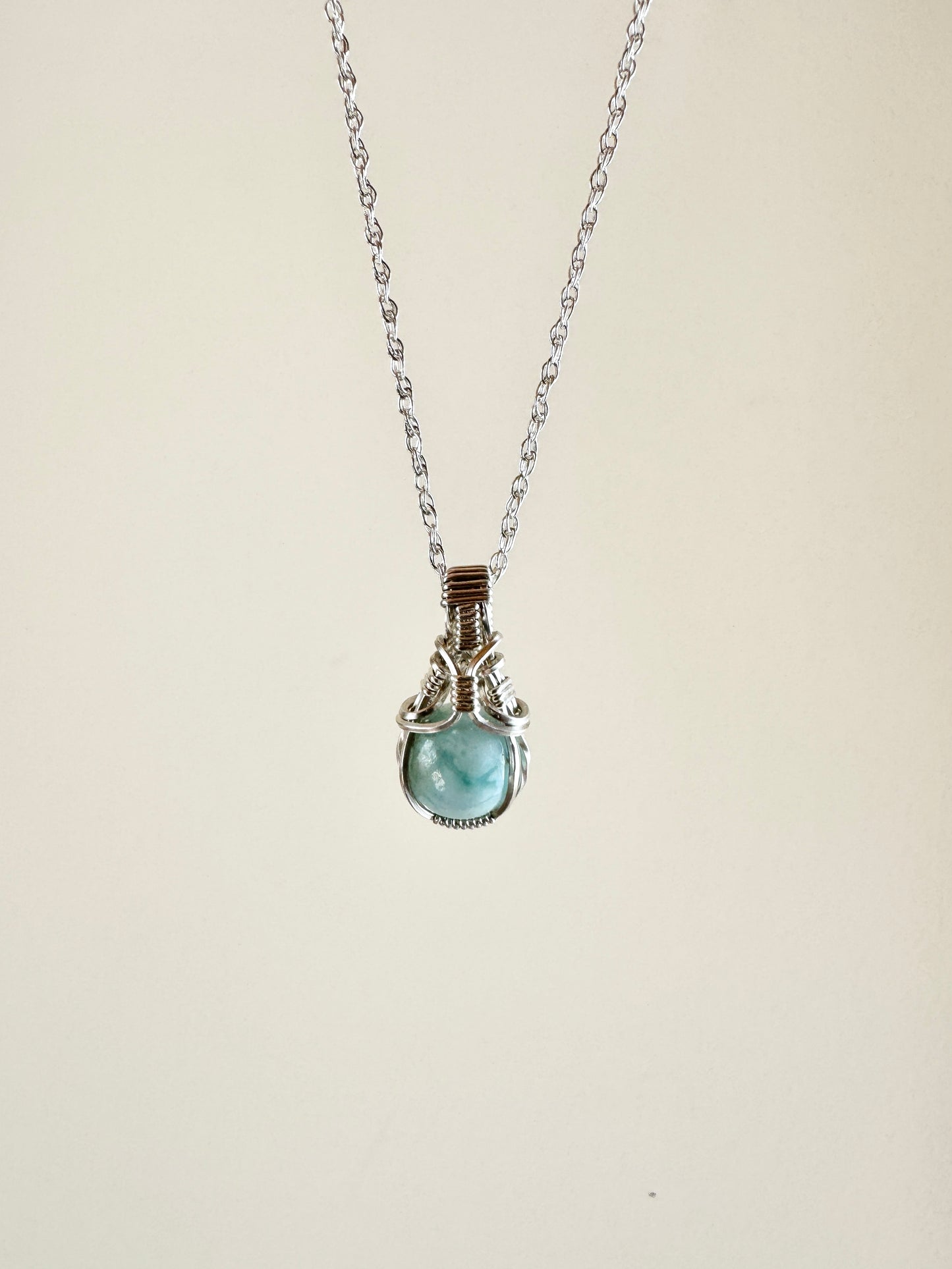 Larimar “Dolphin Stone” Wire Wrapped Necklace in .925 Sterling Silver