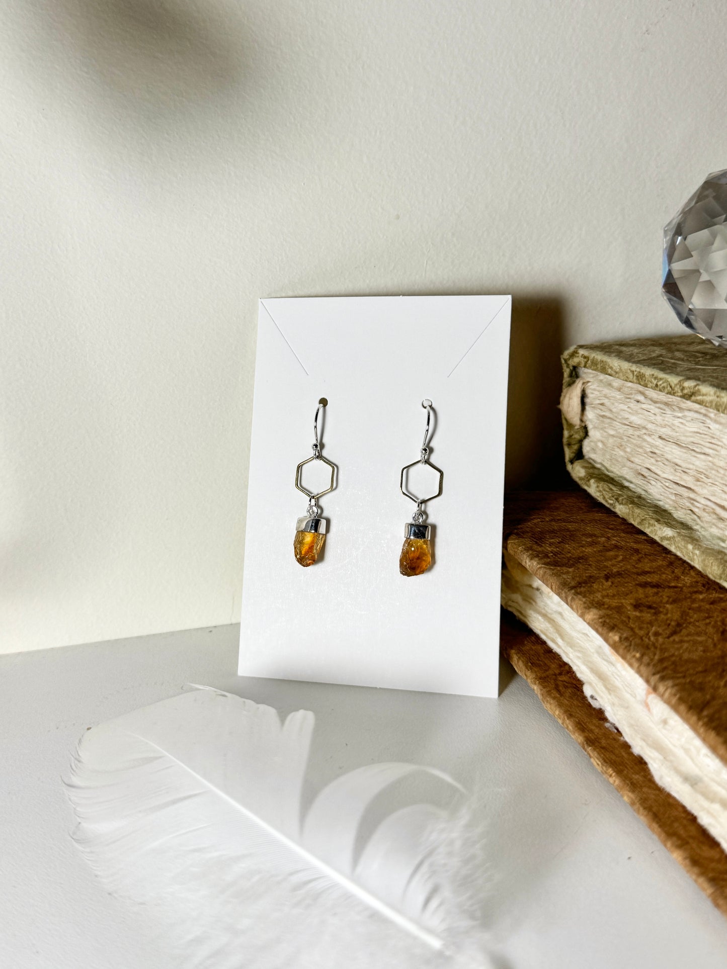 Citrine Honeycomb Earrings in Sterling Silver and Brass