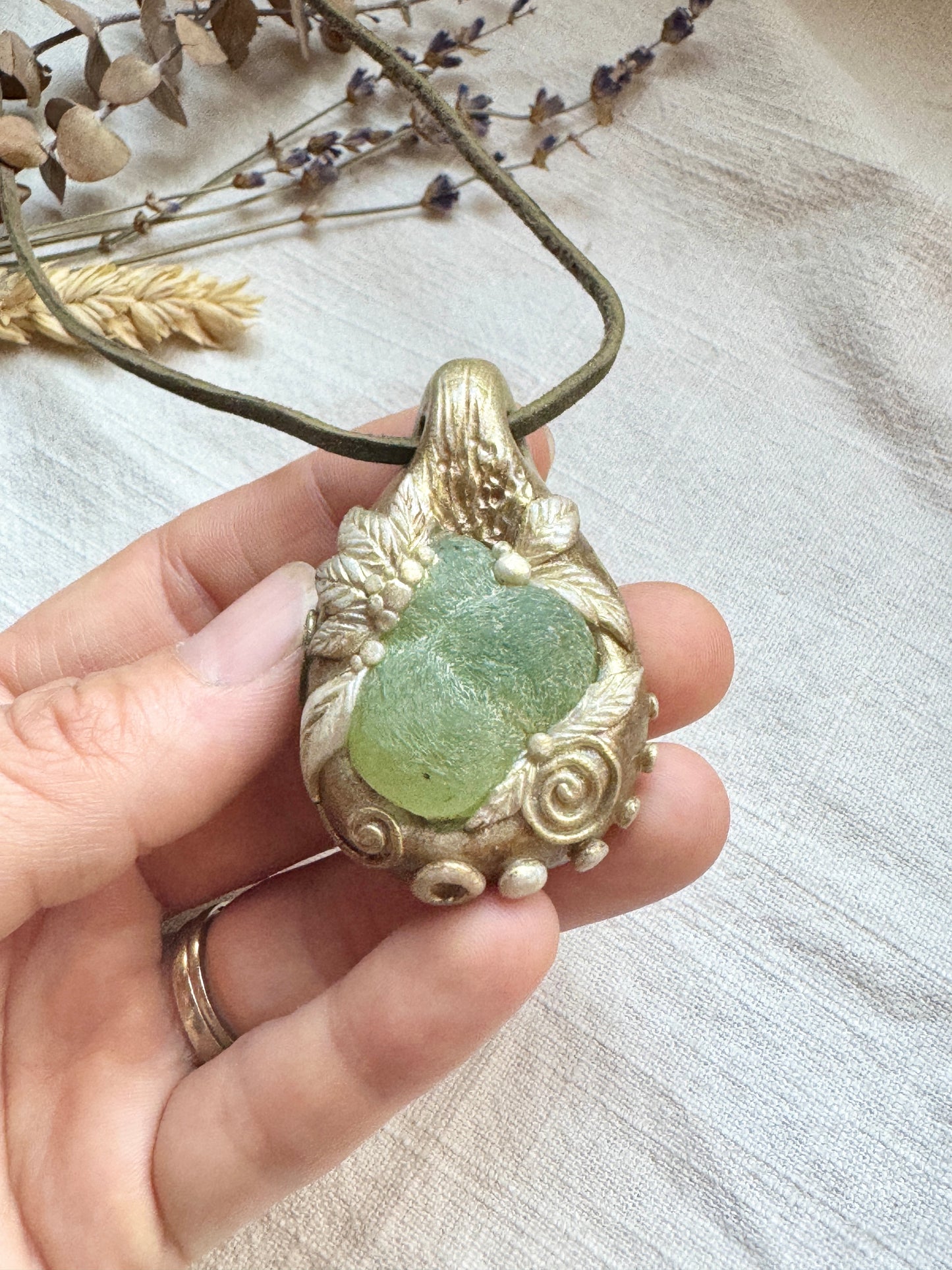 Raw Prehnite Woodland Necklace - Clay and Crystal Handmade Pendant on Green Suede Cord