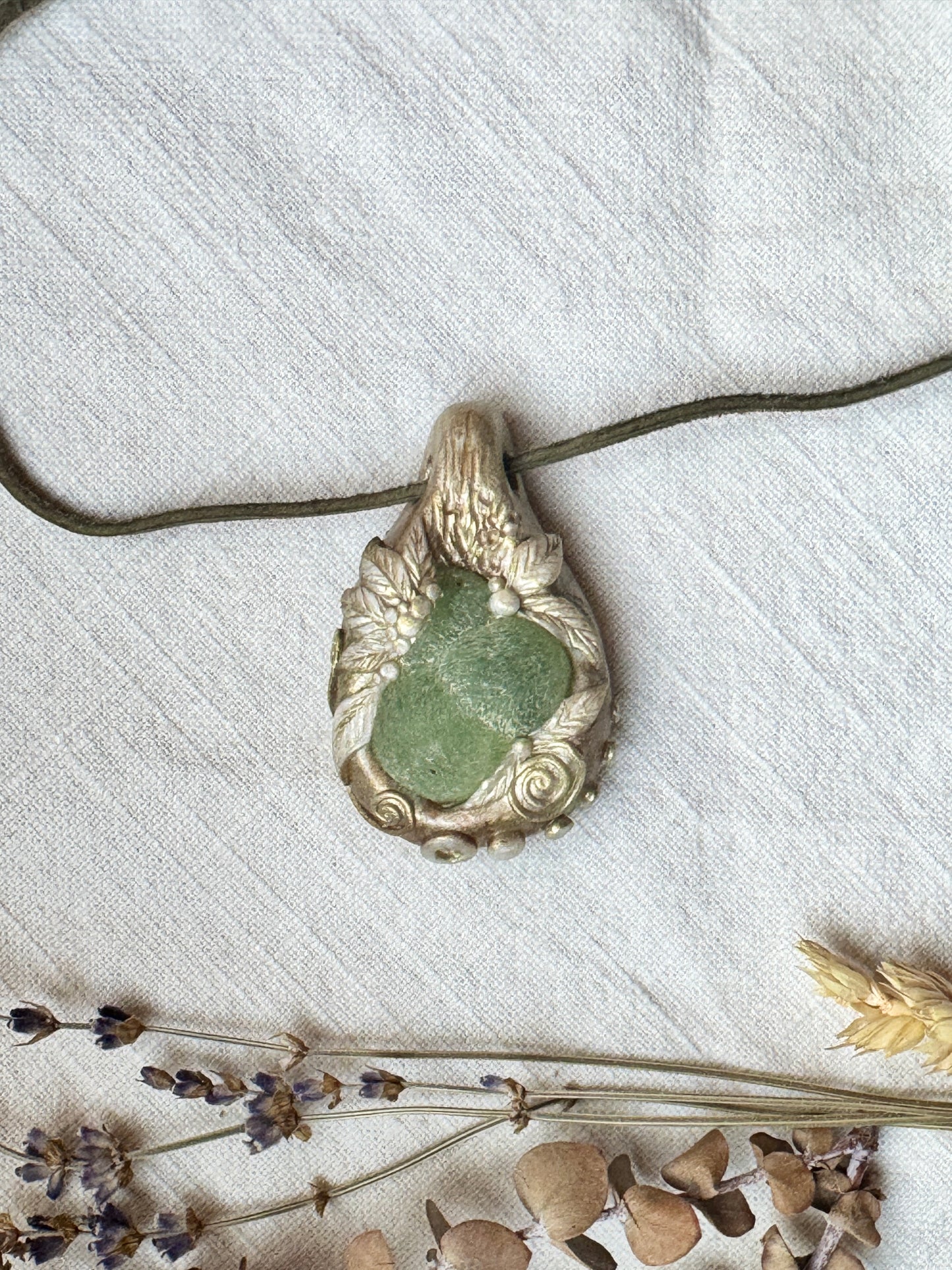 Raw Prehnite Woodland Necklace - Clay and Crystal Handmade Pendant on Green Suede Cord