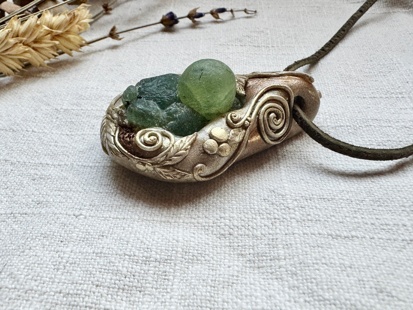 Raw Prehnite Woodland Necklace - Clay and Crystal Handmade Pendant on Green Suede Cord