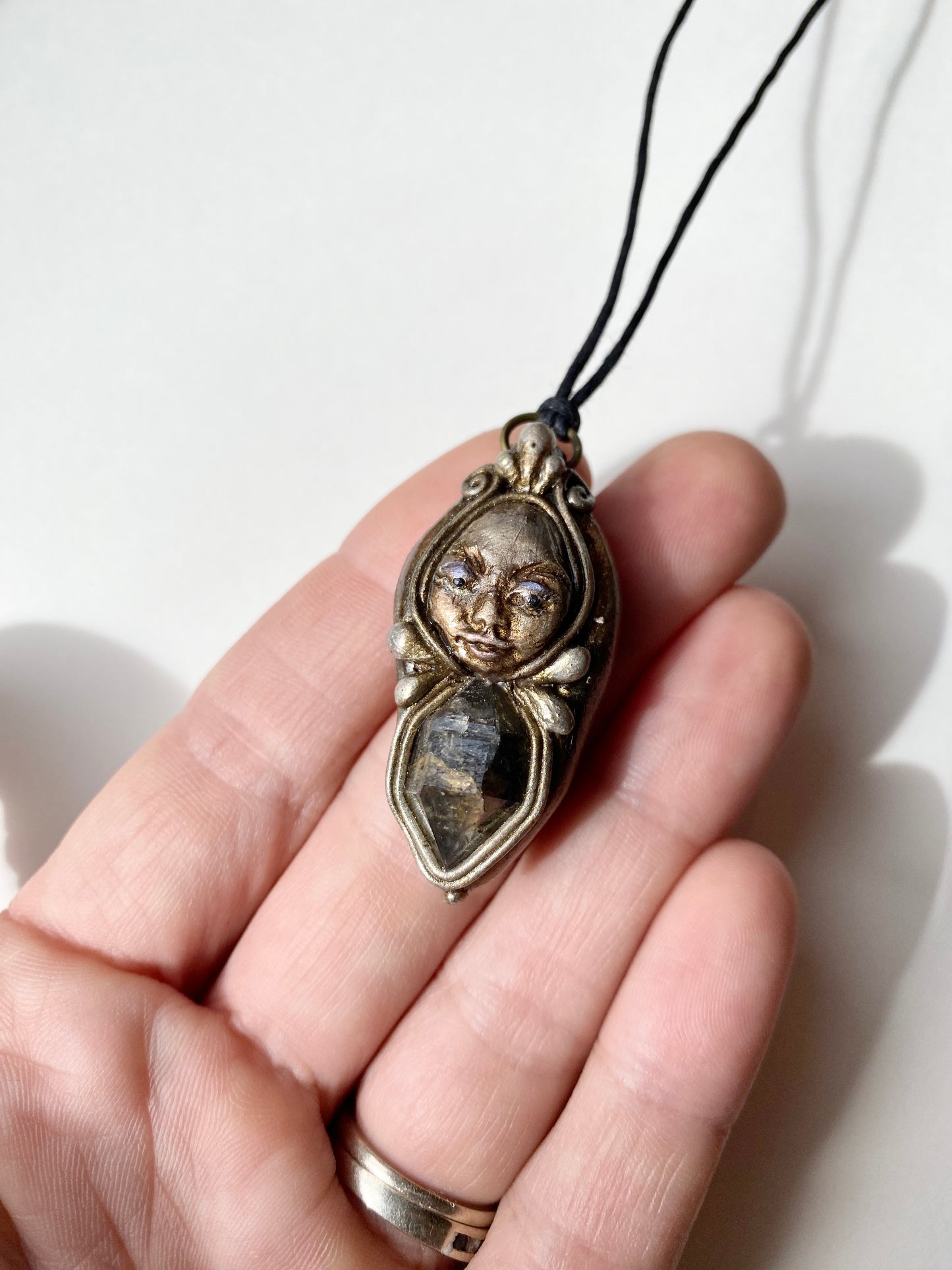 MAGE OF MAGIC STORM - Deity Clay Pendant with Tibetan Quartz Crystal  - Goddess Woodland Series