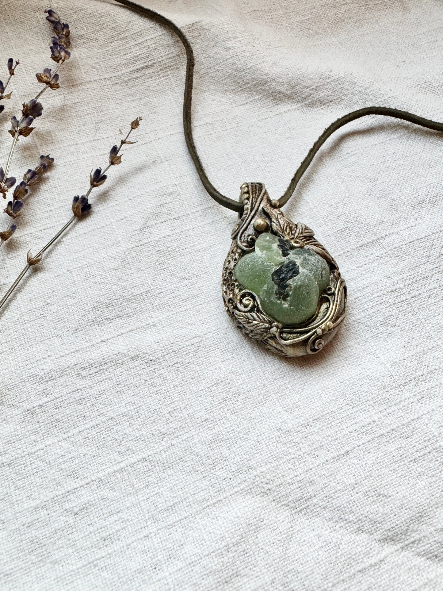 Raw Prehnite and Epidote Woodland Necklace - Clay and Crystal Handmade Pendant on Green Suede Cord