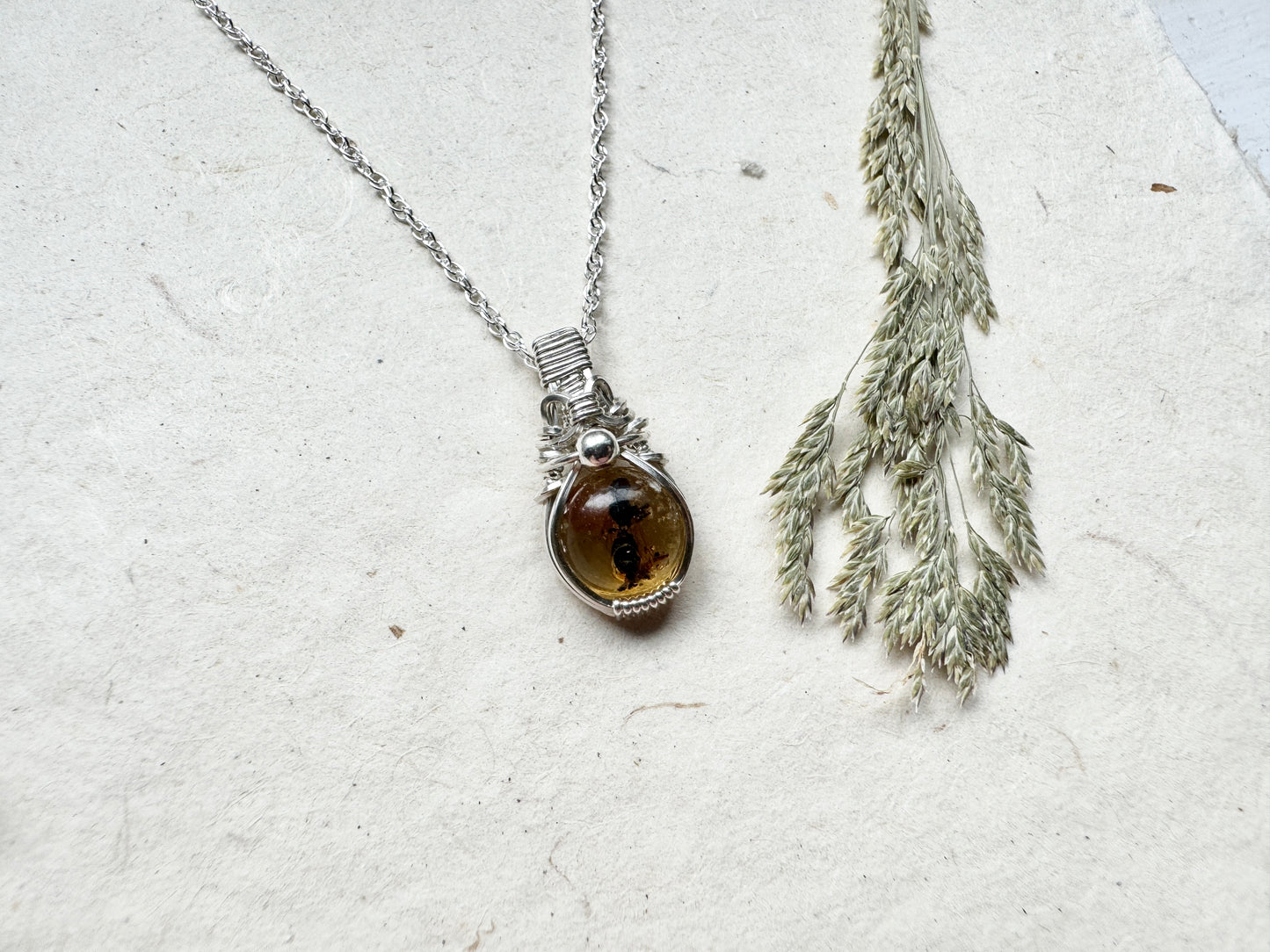RARE: Amber with Bug Wire Wrapped Necklace in .925 Sterling Silver