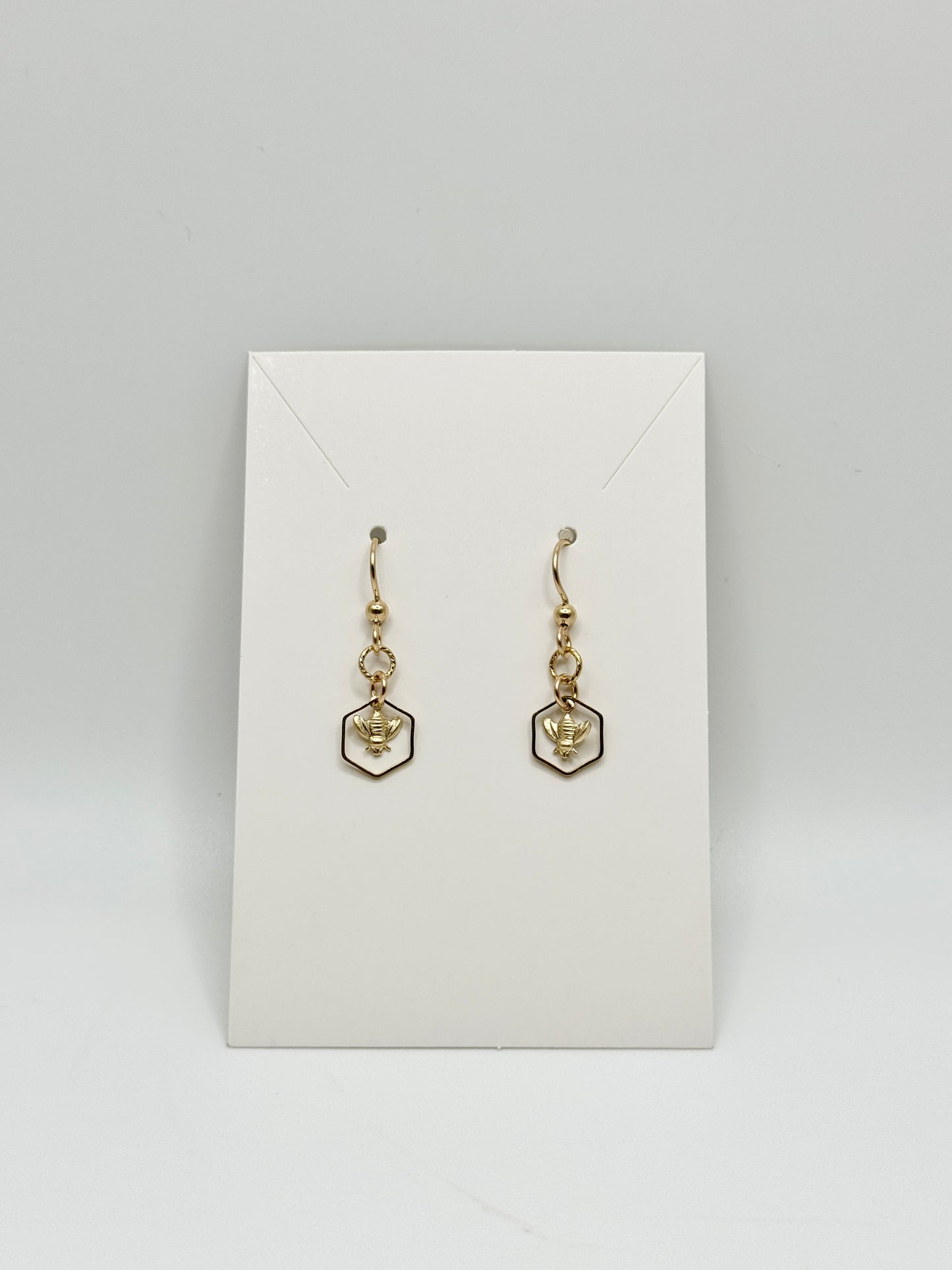 Honey Keeper ~ Bee in Honeycomb Earrings in 14K Gold Fill