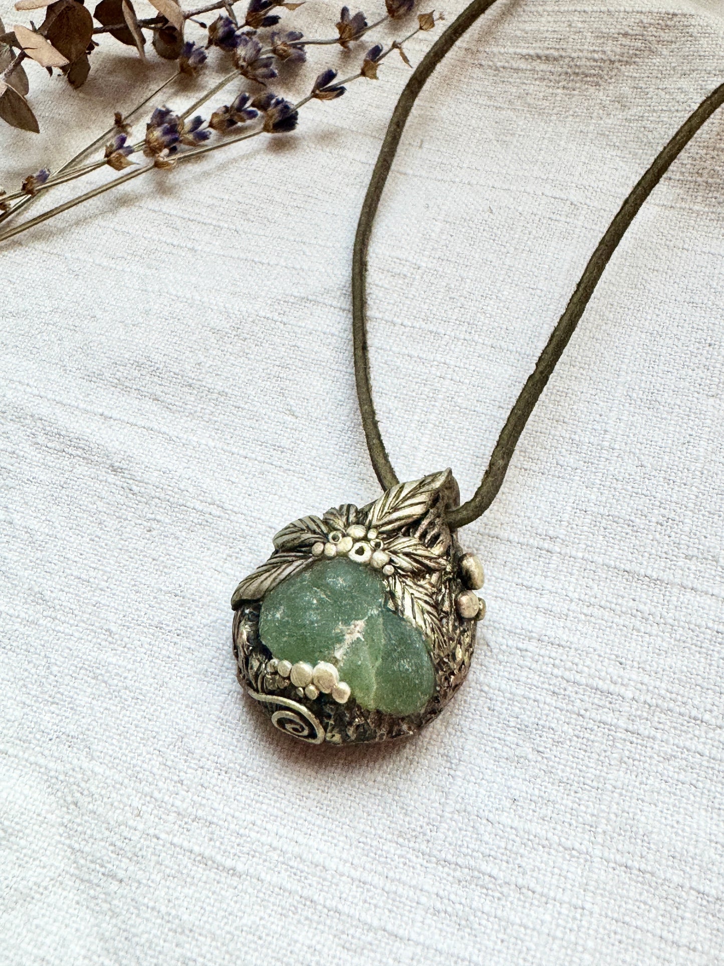 Raw Prehnite Woodland Necklace - Clay and Crystal Handmade Pendant on Green Suede Cord