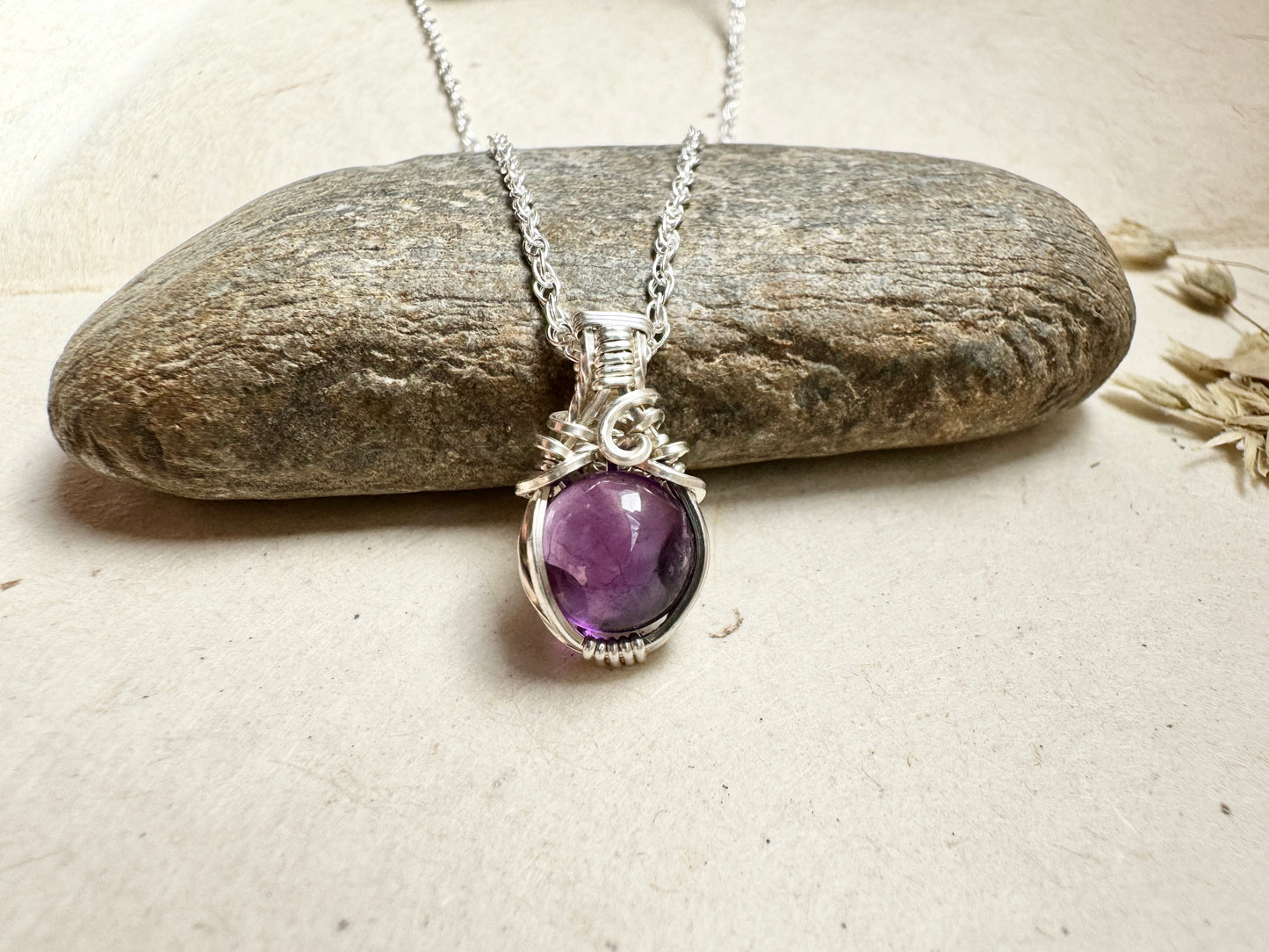 Round Mini Amethyst Wire Wrapped Necklace in .925 Sterling Silver