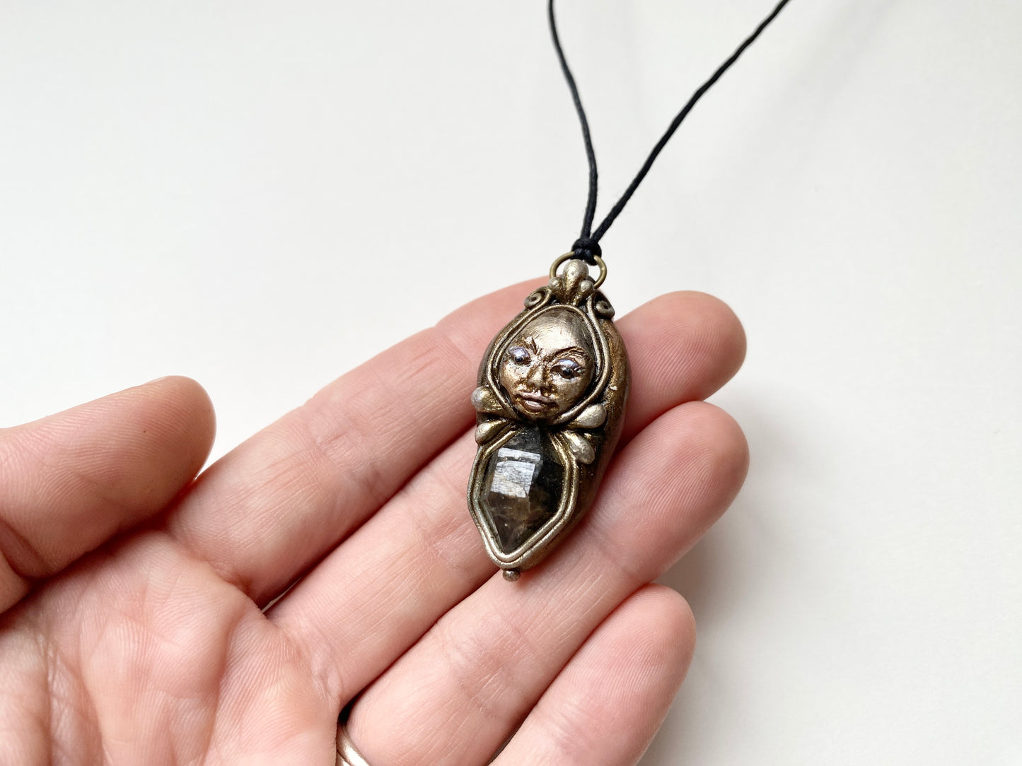 MAGE OF MAGIC STORM - Deity Clay Pendant with Tibetan Quartz Crystal  - Goddess Woodland Series