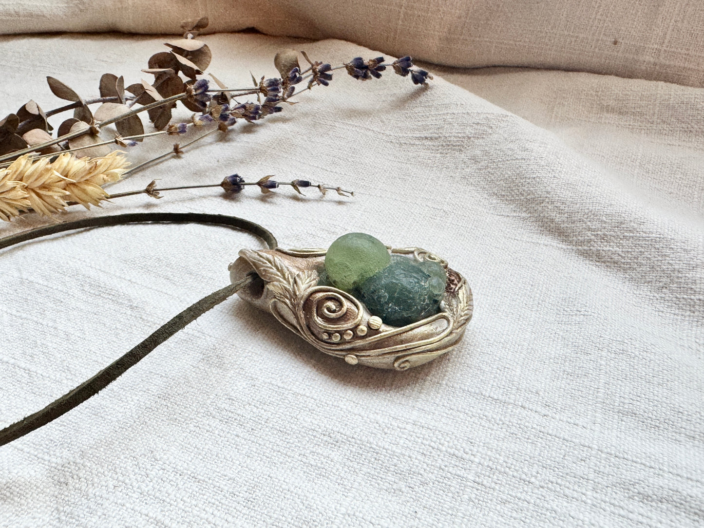 Raw Prehnite Woodland Necklace - Clay and Crystal Handmade Pendant on Green Suede Cord