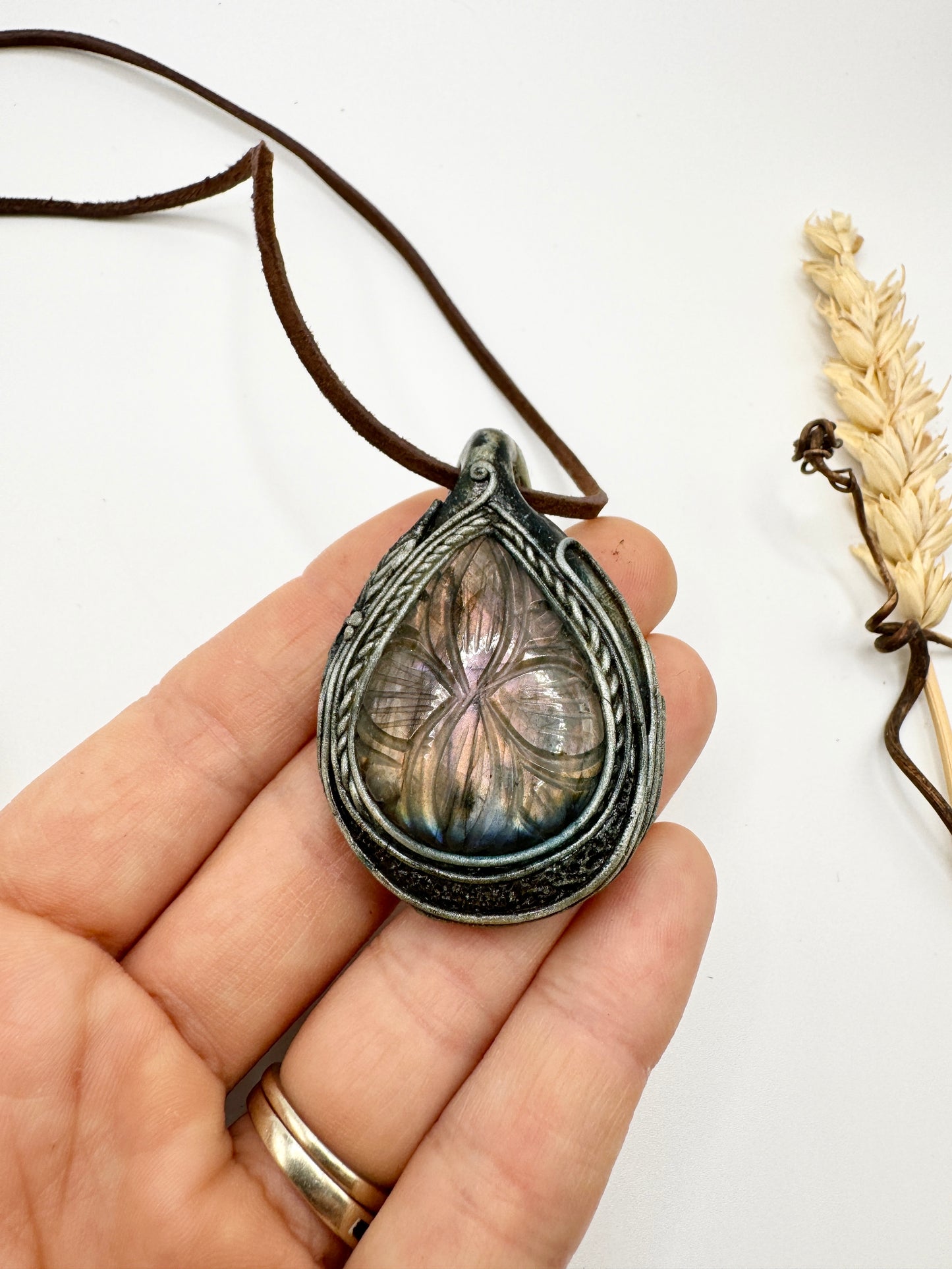 Carved Labradorite Infinity Flower Clay Woodland Pendant