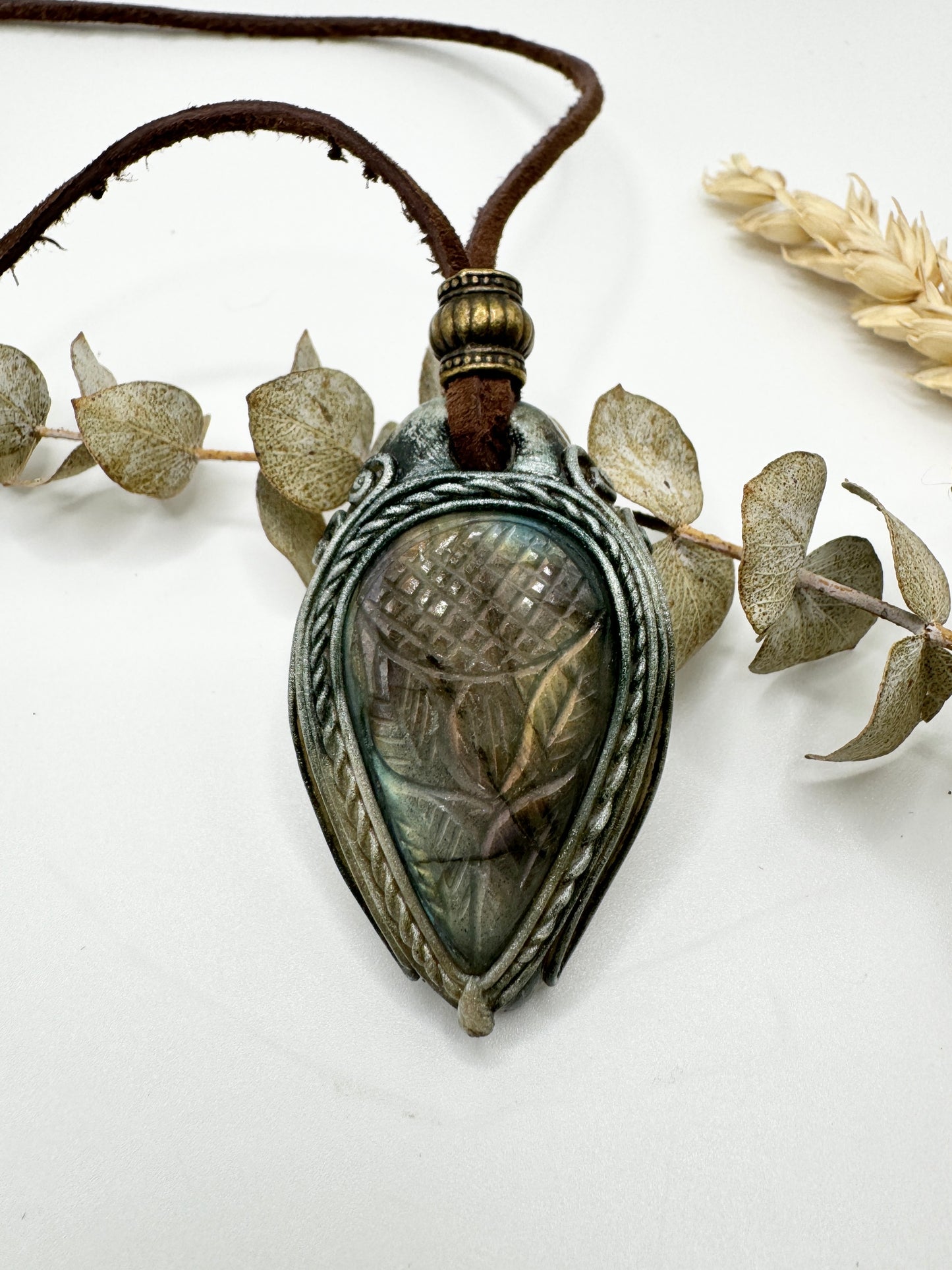 Carved Labradorite Thistle Flower Clay Woodland Pendant