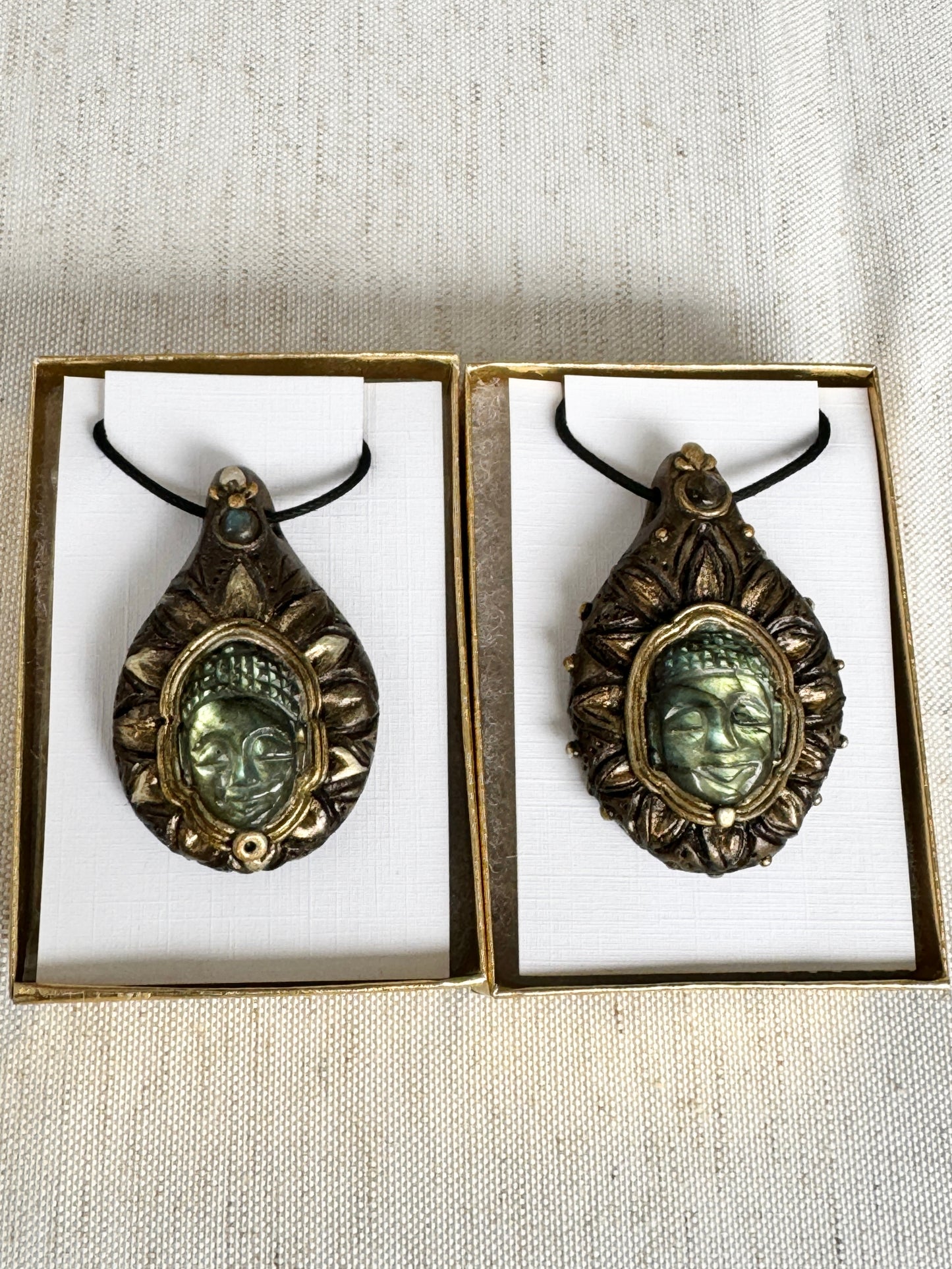 Pair of Buddha Carving Labradorite Jewel in the Lotus Necklaces