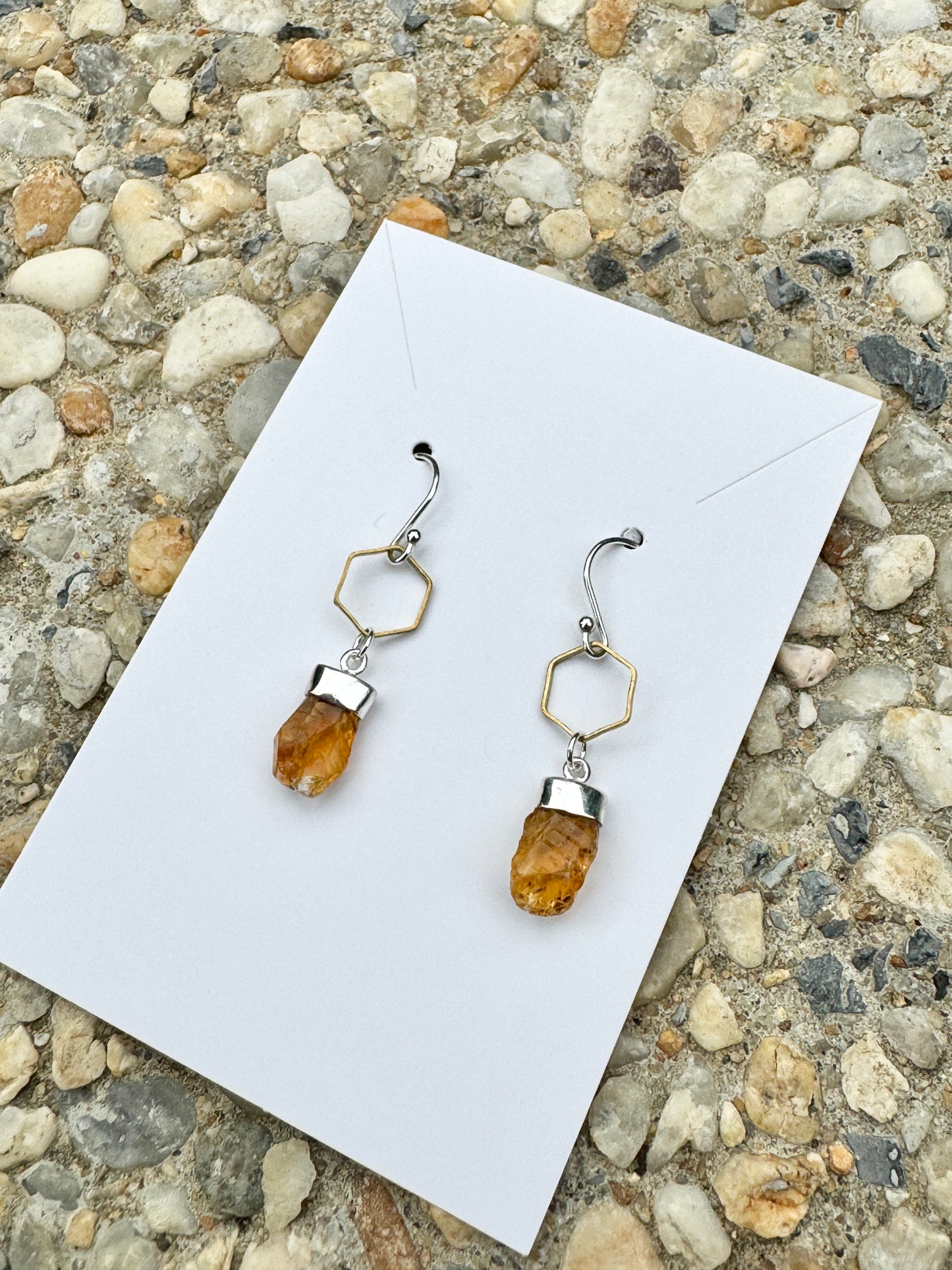 Citrine Honeycomb Earrings in Sterling Silver and Brass