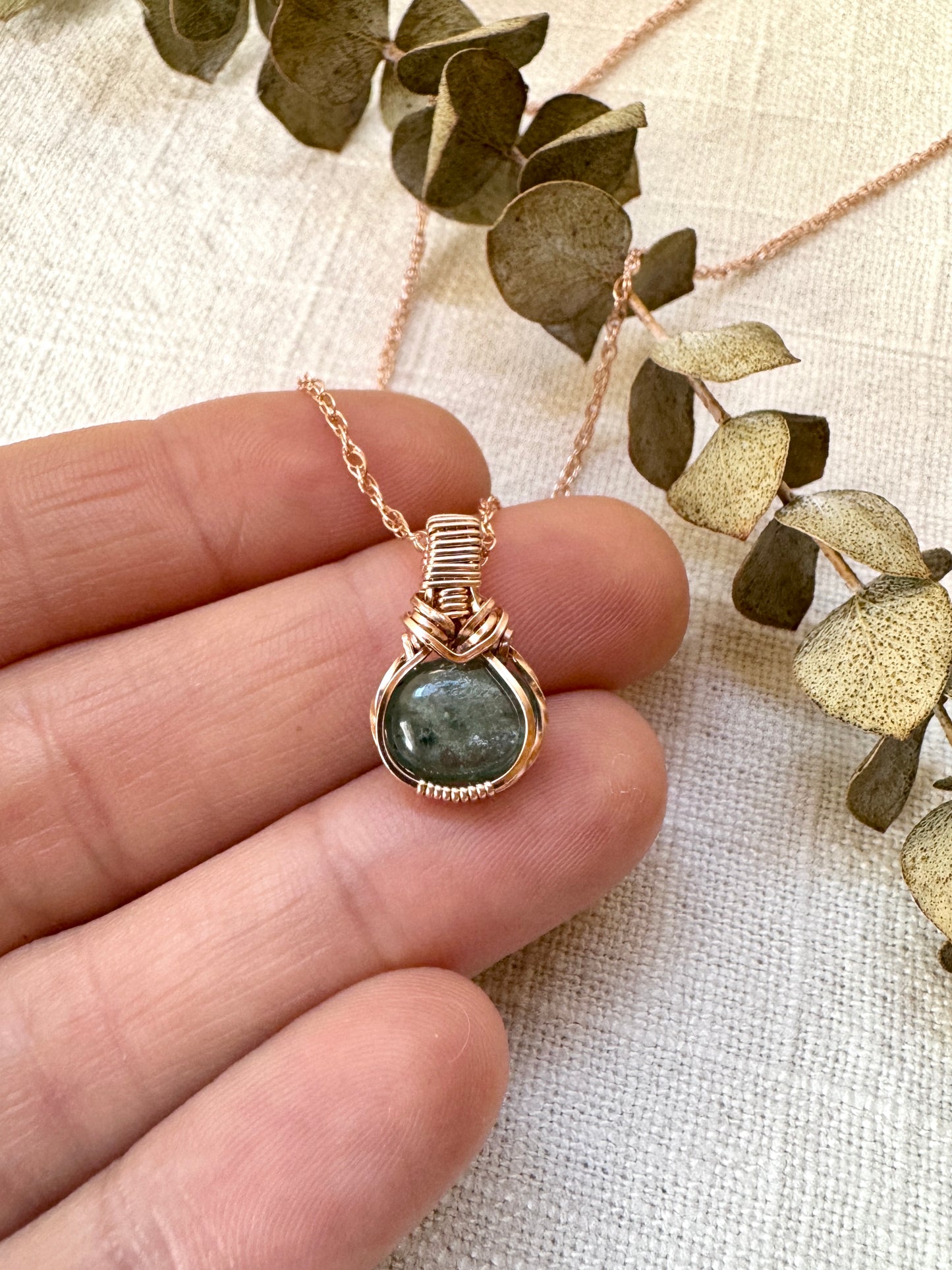 Small Green Kyanite Wire Wrapped Pendant in 14K Rose Gold Fill
