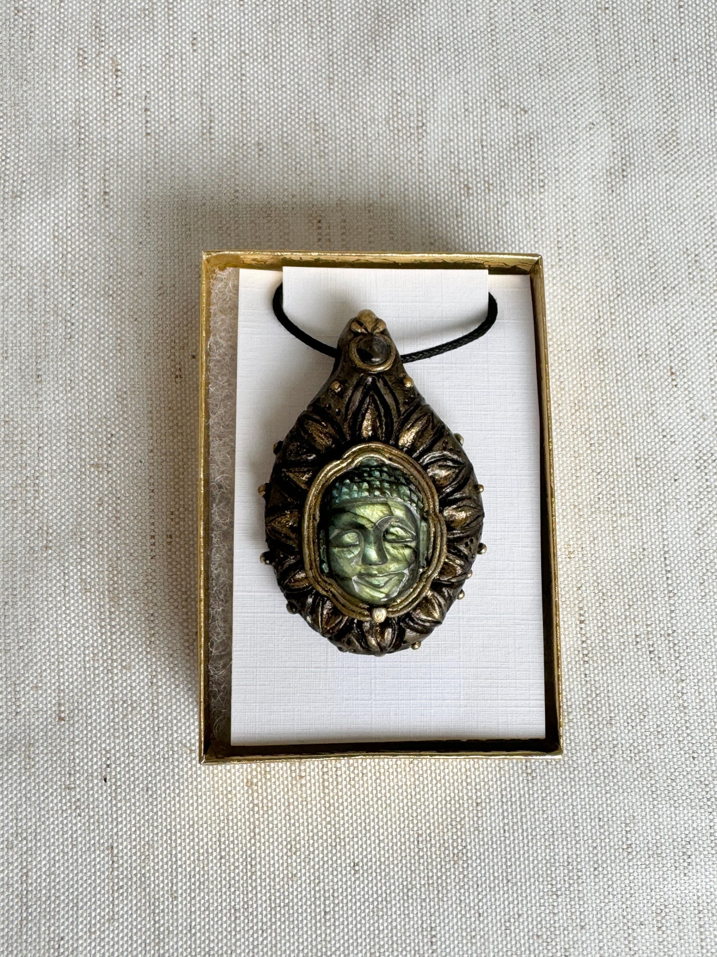 Pair of Buddha Carving Labradorite Jewel in the Lotus Necklaces