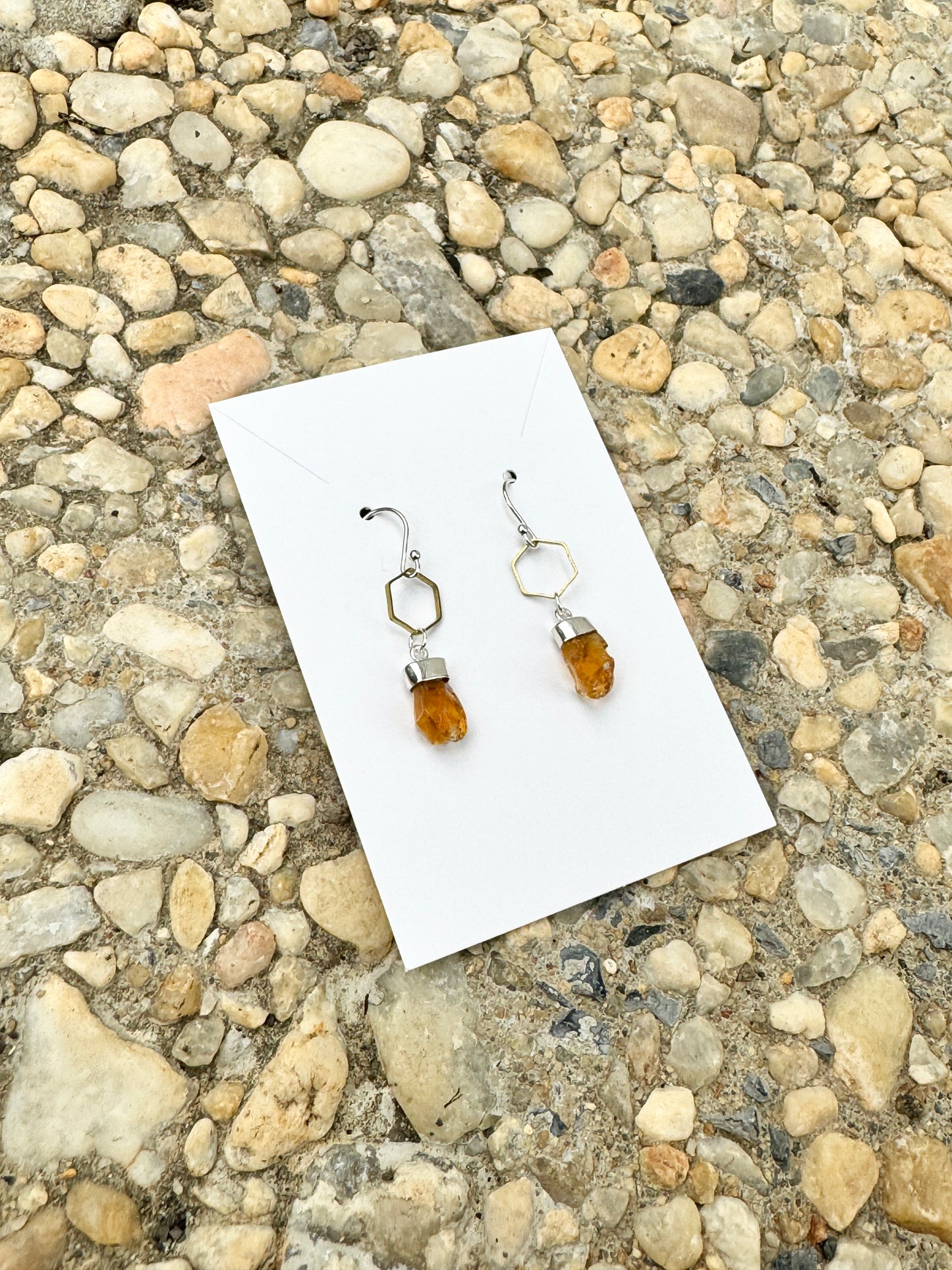 Citrine Honeycomb Earrings in Sterling Silver and Brass