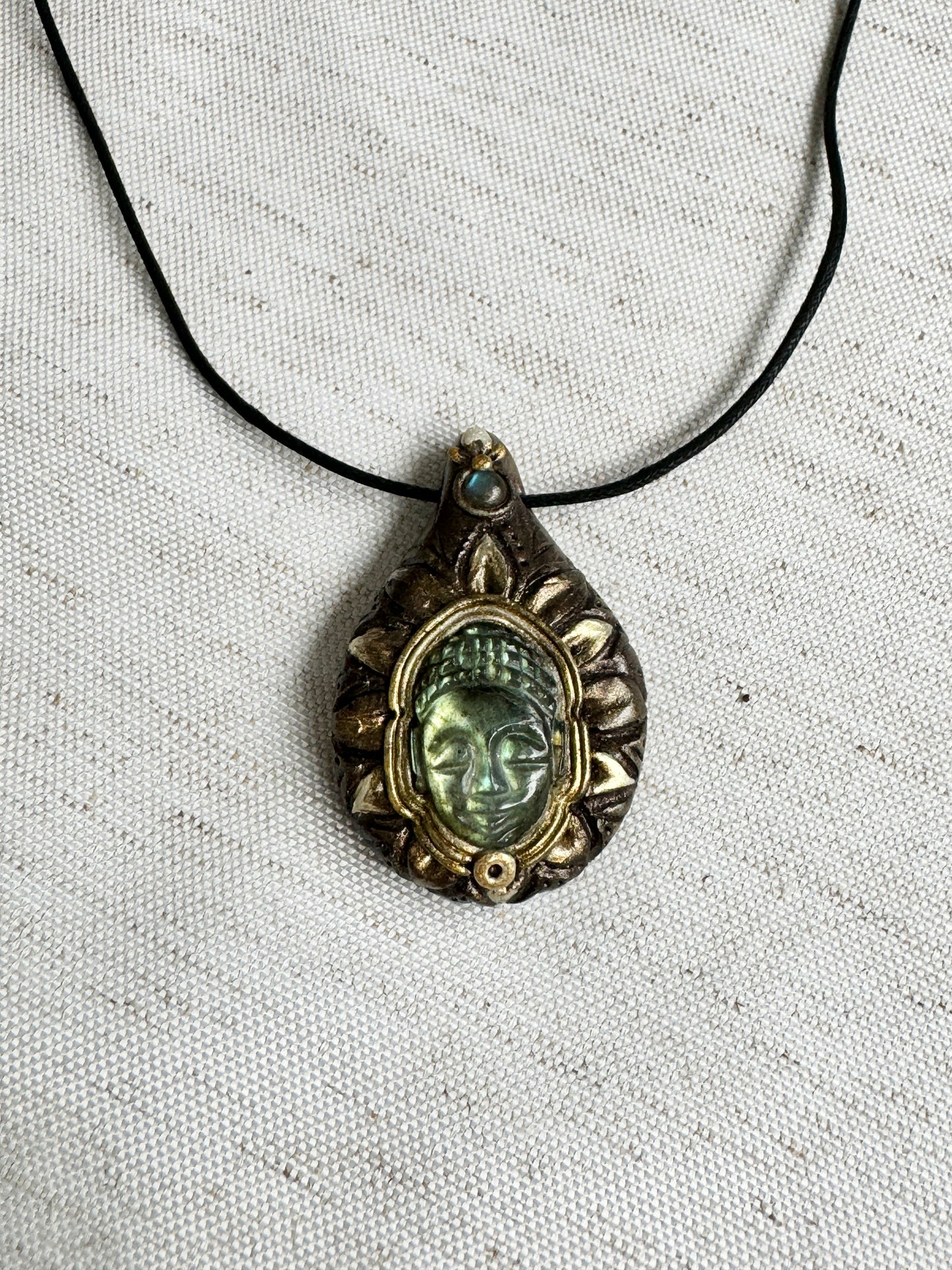 Pair of Buddha Carving Labradorite Jewel in the Lotus Necklaces