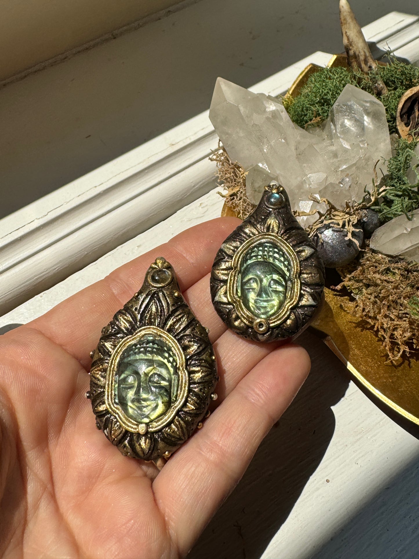 Pair of Buddha Carving Labradorite Jewel in the Lotus Necklaces