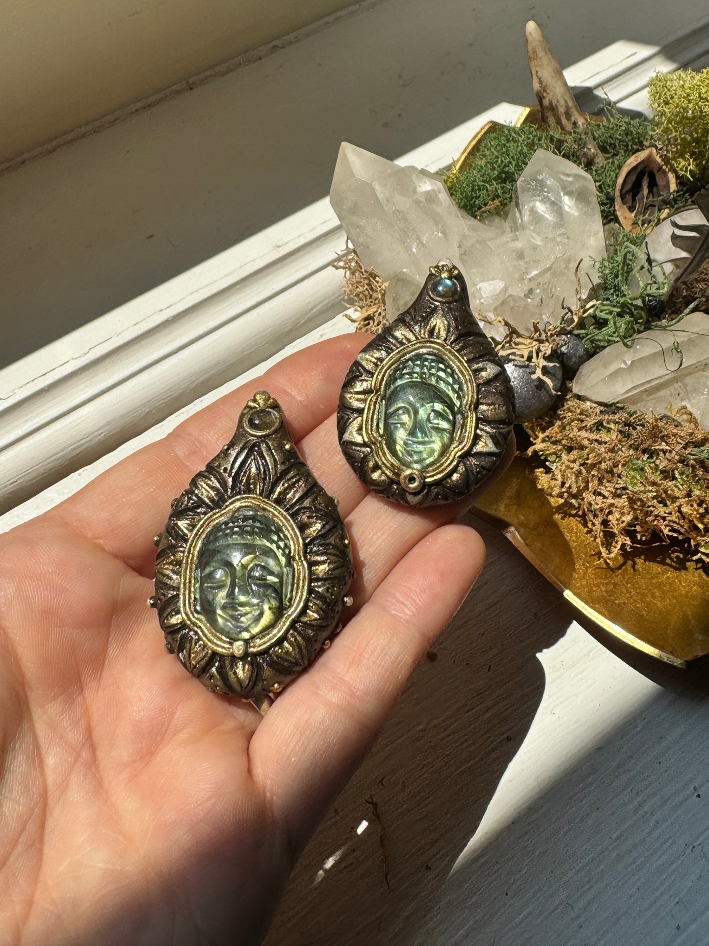 Pair of Buddha Carving Labradorite Jewel in the Lotus Necklaces