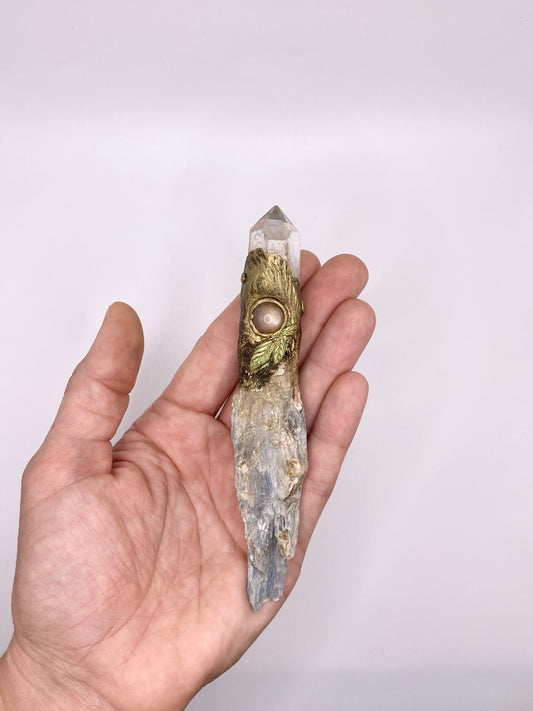 Crystal Energy Wand with Clear Quartz, Blue Kyanite and Peach Moonstones - Reversible Metaphysical Wand