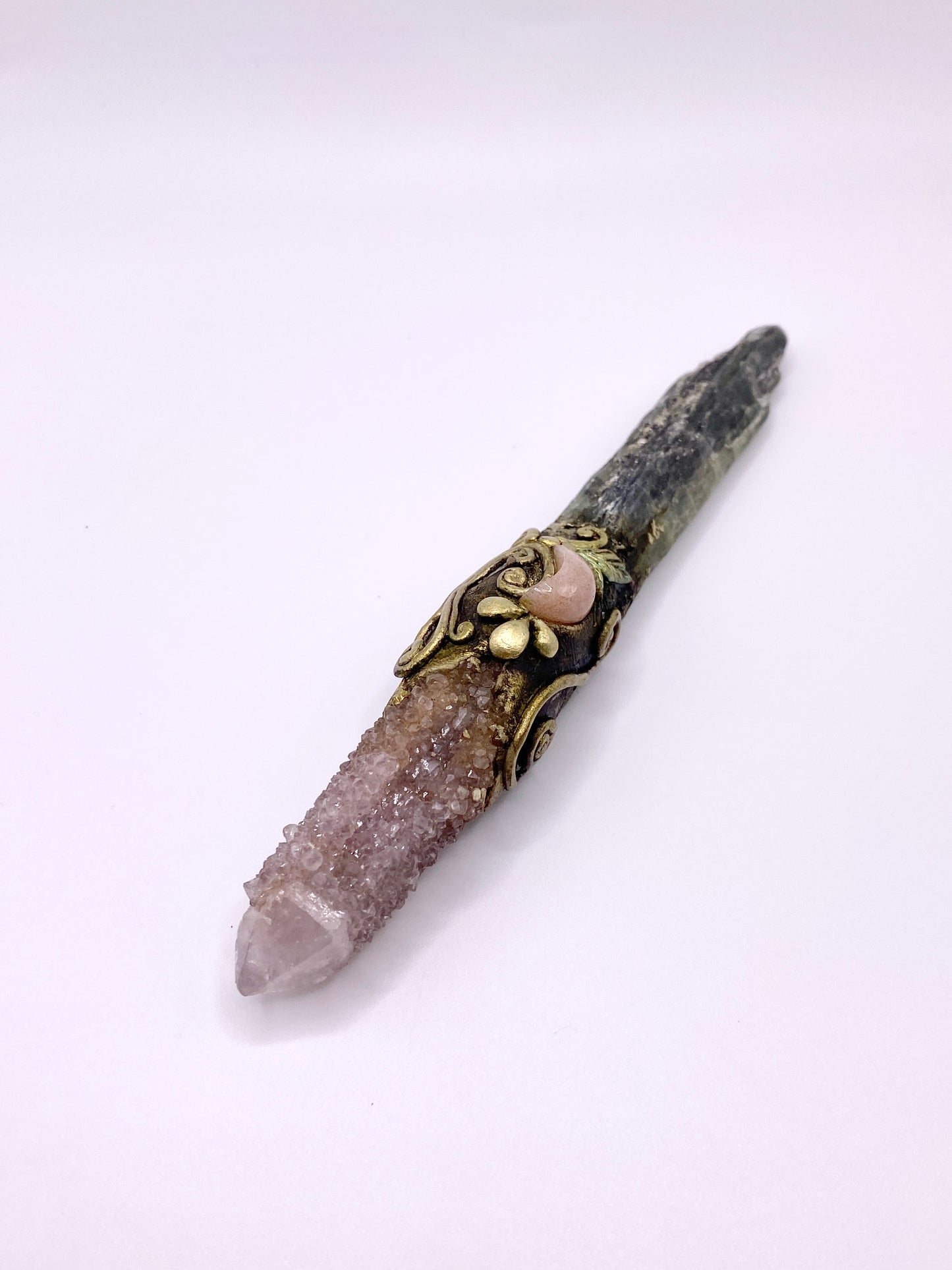 Crystal Energy Wand with Amethyst Spirit Quartz, Green Kyanite and Peach Moonstone Crescent - Reversible Metaphysical Wand